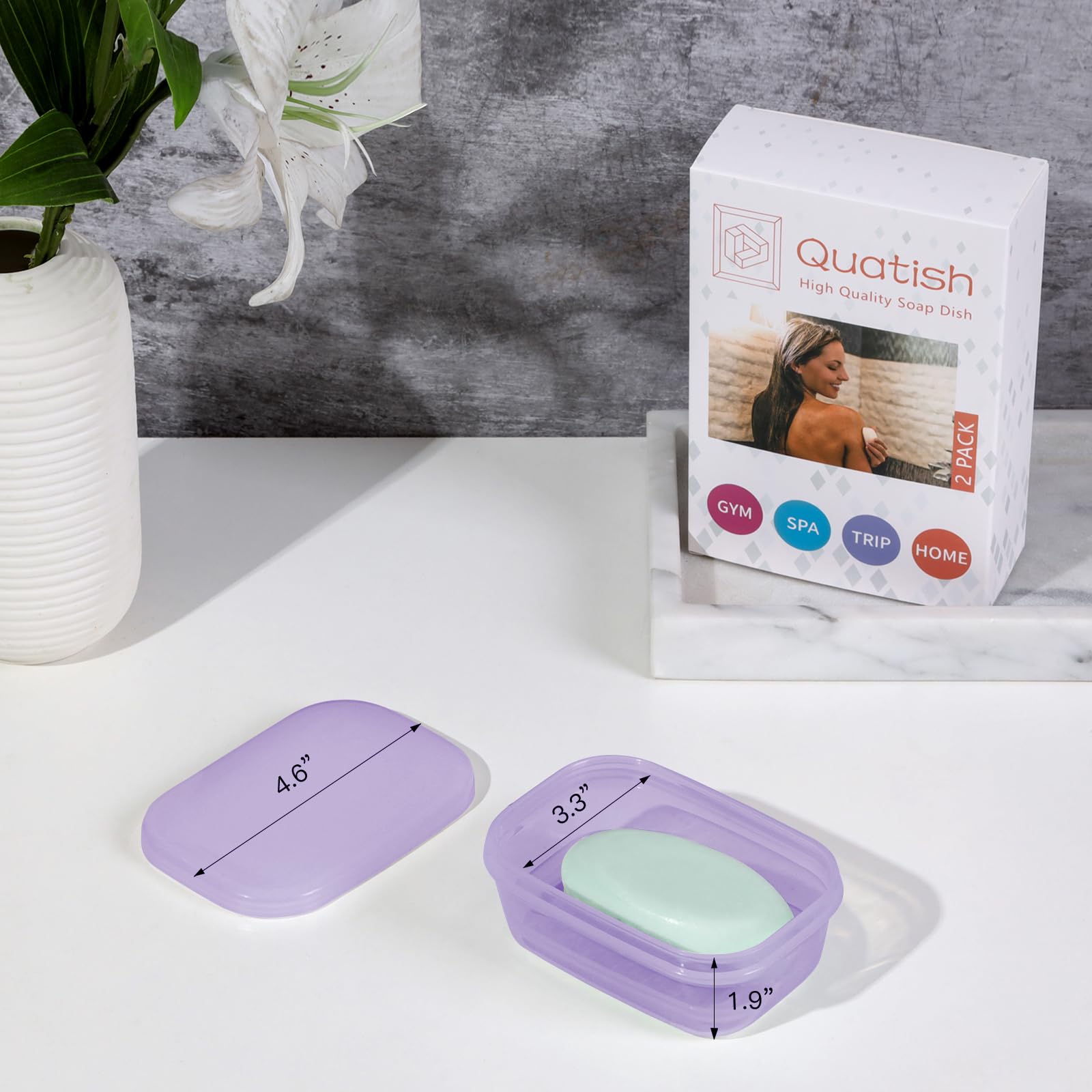 Quatish Leakproof Soap Dish with Lid, Shatterproof Travel Holder, Clear Purple, Model QT-20201-CL, Ideal for Camping & Gym