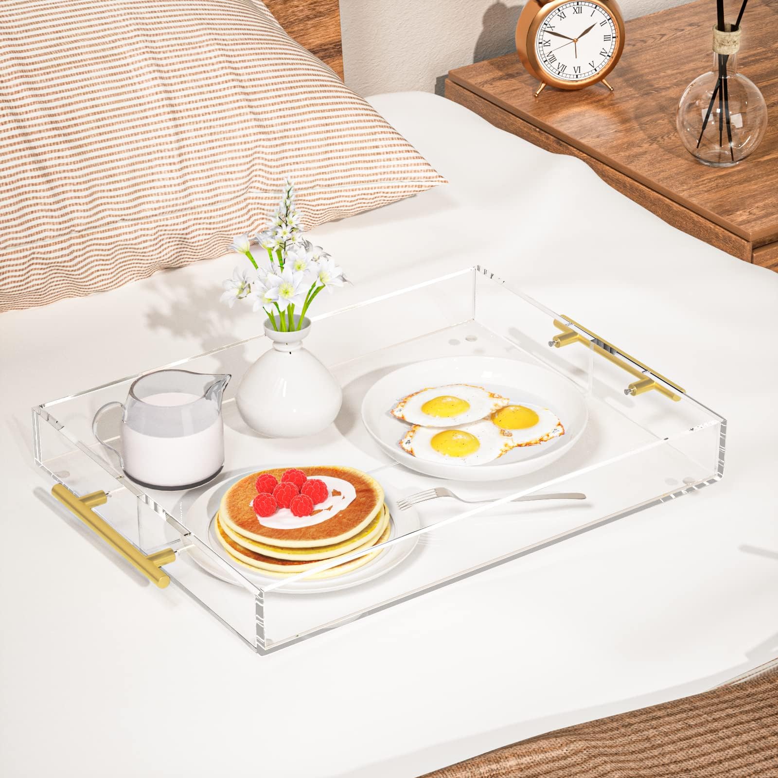 Hiimiei Acrylic Serving Tray 12X16 Inch, Clear Trays With Gold Handles, Decorative Able Tray For Coffee, Appetizer, Breakfast, B