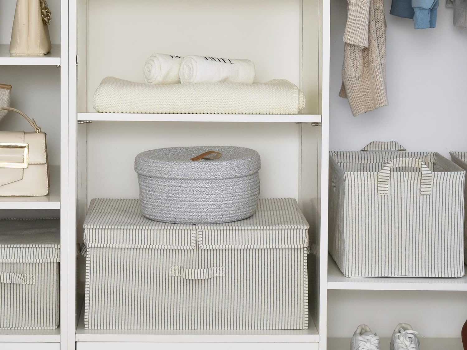 StorageWorks Extra Large Clothes Storage Bins, 55L Fabric Storage Baskets with Double-Open Lid and Divider Board, Linen Closet O