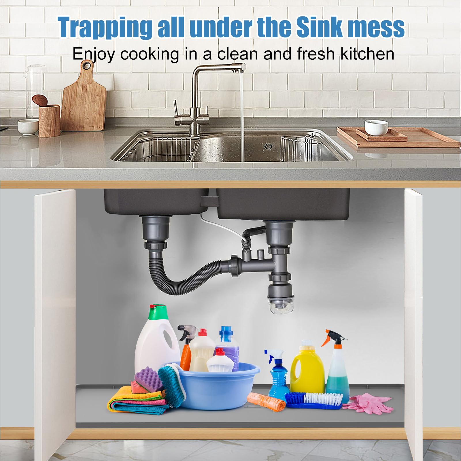 BEESVO Under Sink Mat Kitchen & Bathroom Cabinet Liner  34'' x 22'' Silicone Waterproof Under Sink Drip Tray  Hold up to 3.3 Gallons Liquid  Cool Grey
