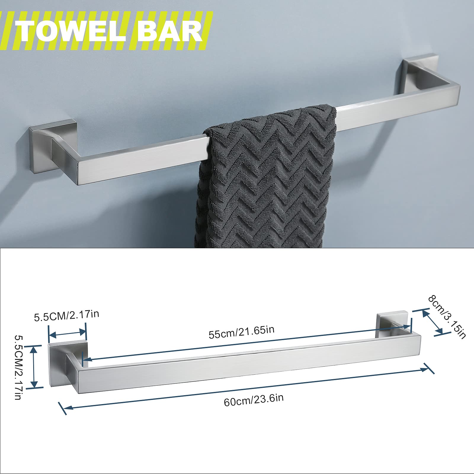 Brushed 4-Piece Bathroom Hardware Set Premium Stainless Steel Bath Towel Bar Sets Wall Mounted Square Bathroom Accessories Kit  23.6 Inch Brushed Nickel