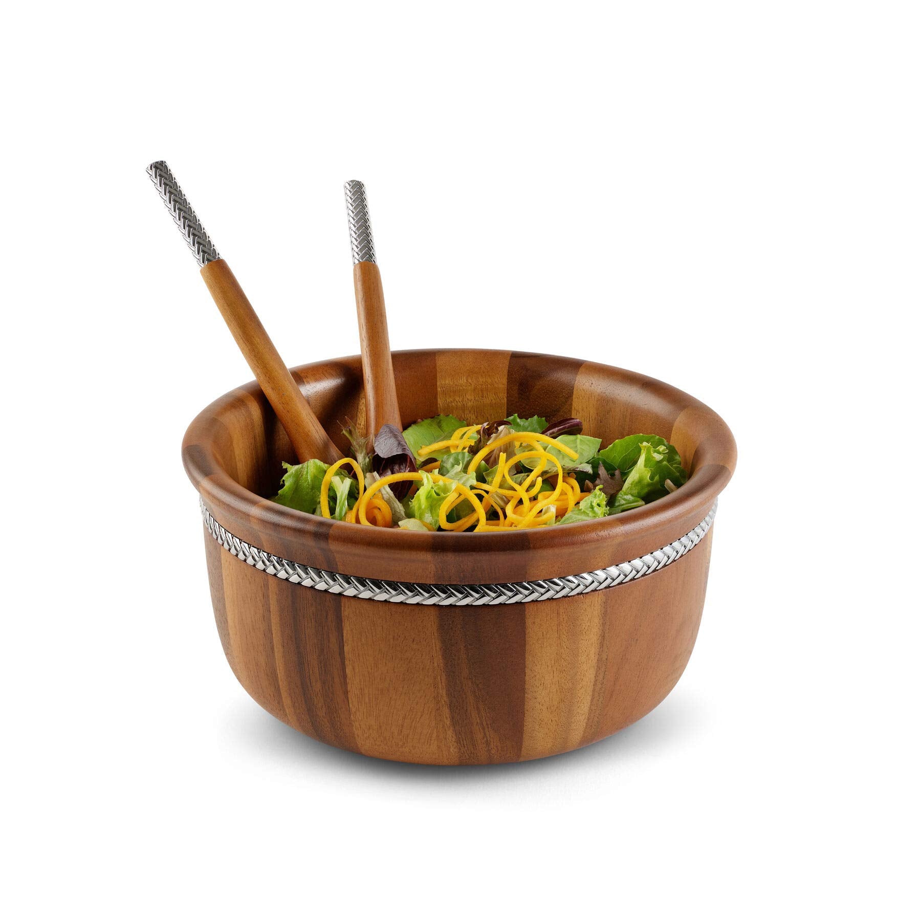 Nambe Braid Round Wooden Salad Bowl 3 Piece Set | 11-Inch Salad Bowl With Serving Utensils | Acacia Wood And Chrome Plate Salad
