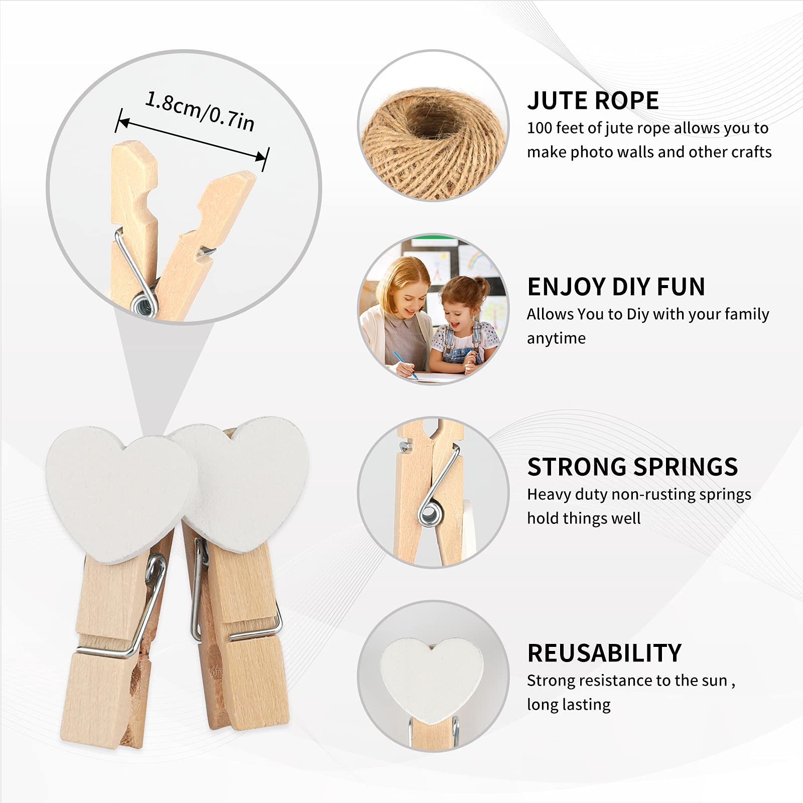 Jijacraft 100Pcs Clothespins With String, 1.4 Inch Heavy-Duty Wooden Clothes Pins With White Heart, Mini Photo Clips For Hanging