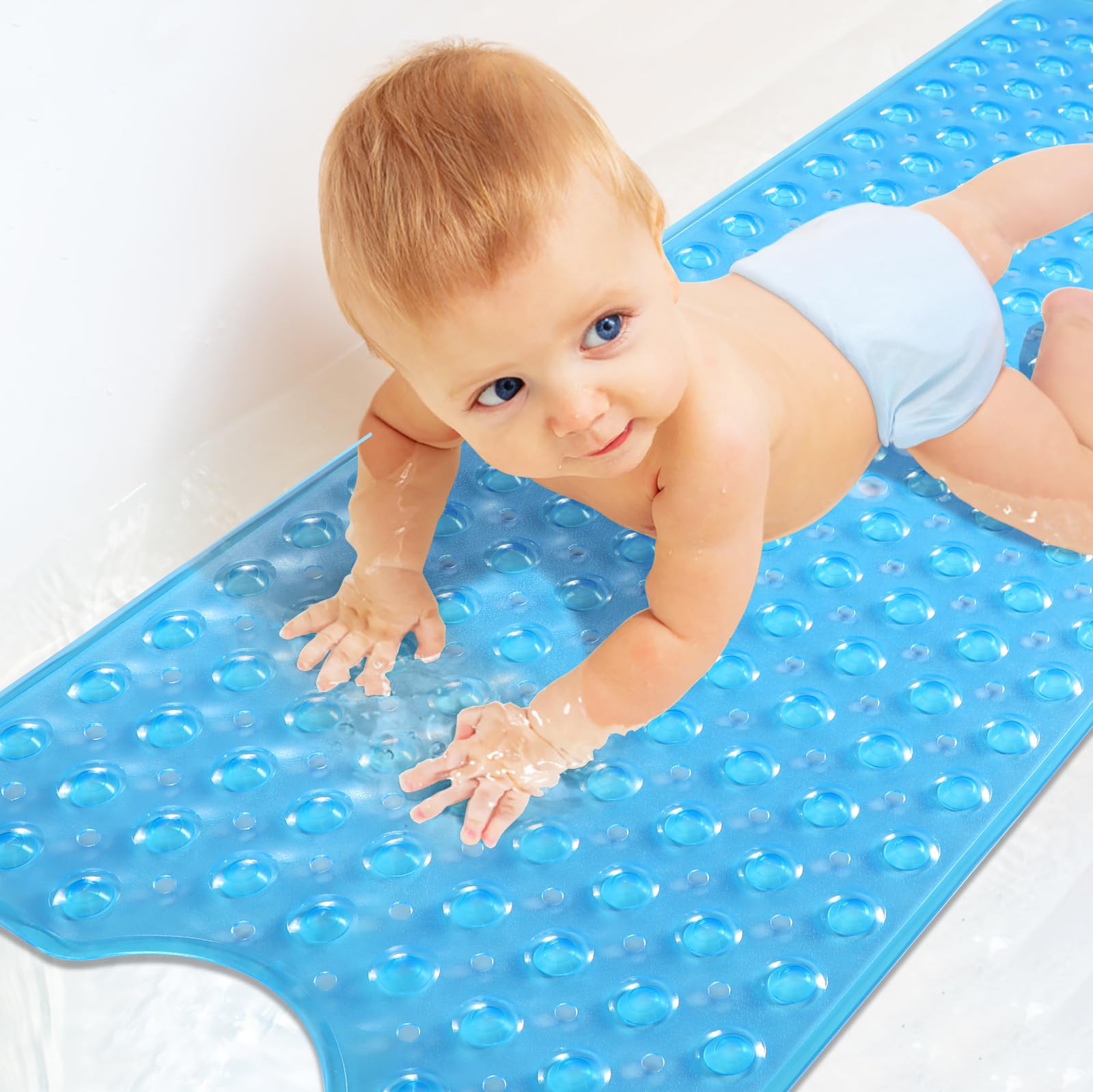 Yimobra Original Bath Tub Shower Mat Extra Long 16 x 40 Inch  Non-Slip with Drain Holes  Suction Cups  Phthalate Free  Latex Free  BPA Free and Machine Washable Large  Bathroom Mats  Clear Blue