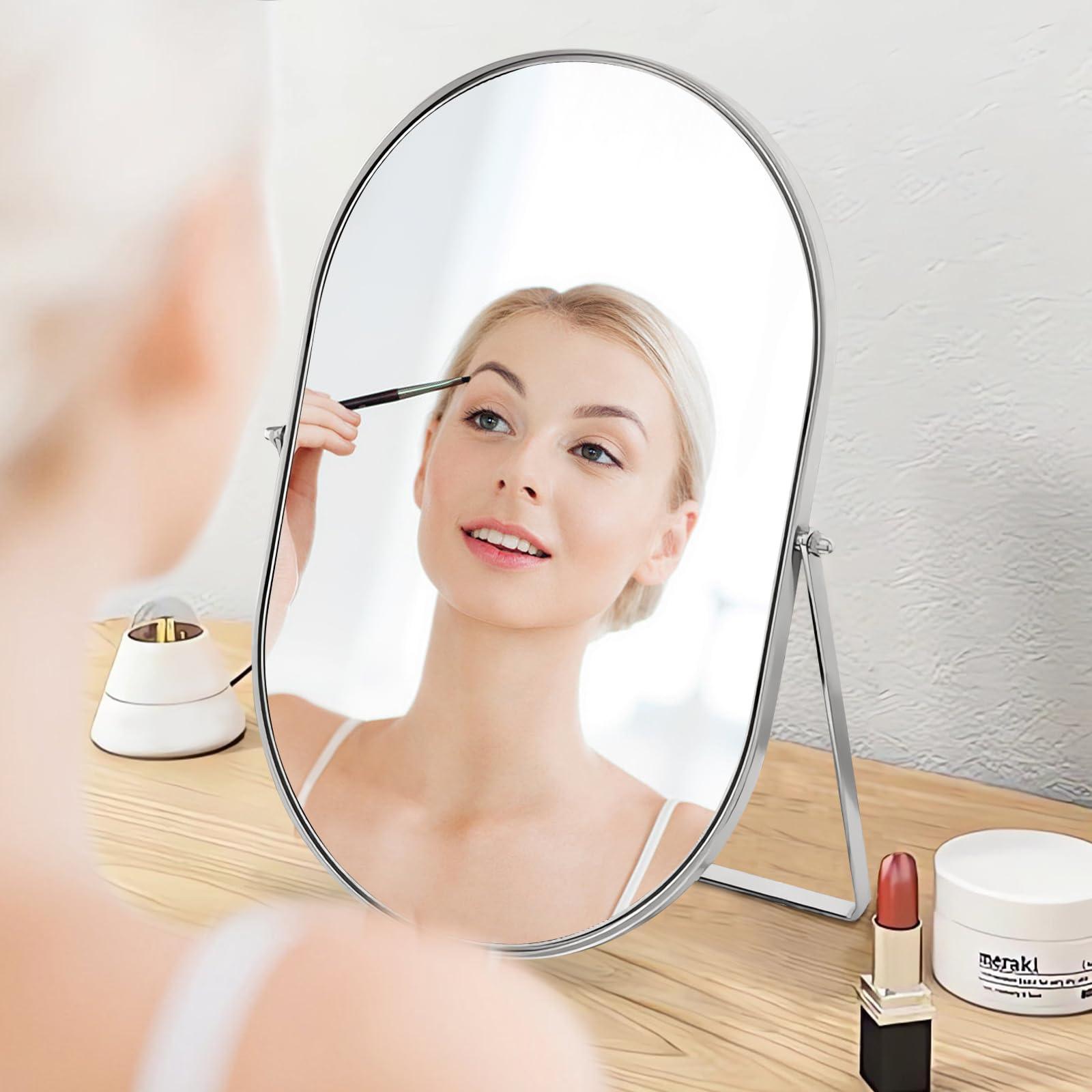 Numjeg Vanity Makeup Mirror For Desk With Metal Stand Tabletop Mount Makeup Oval Mirrors 90Adjustable Rotation Portable Cosmetic