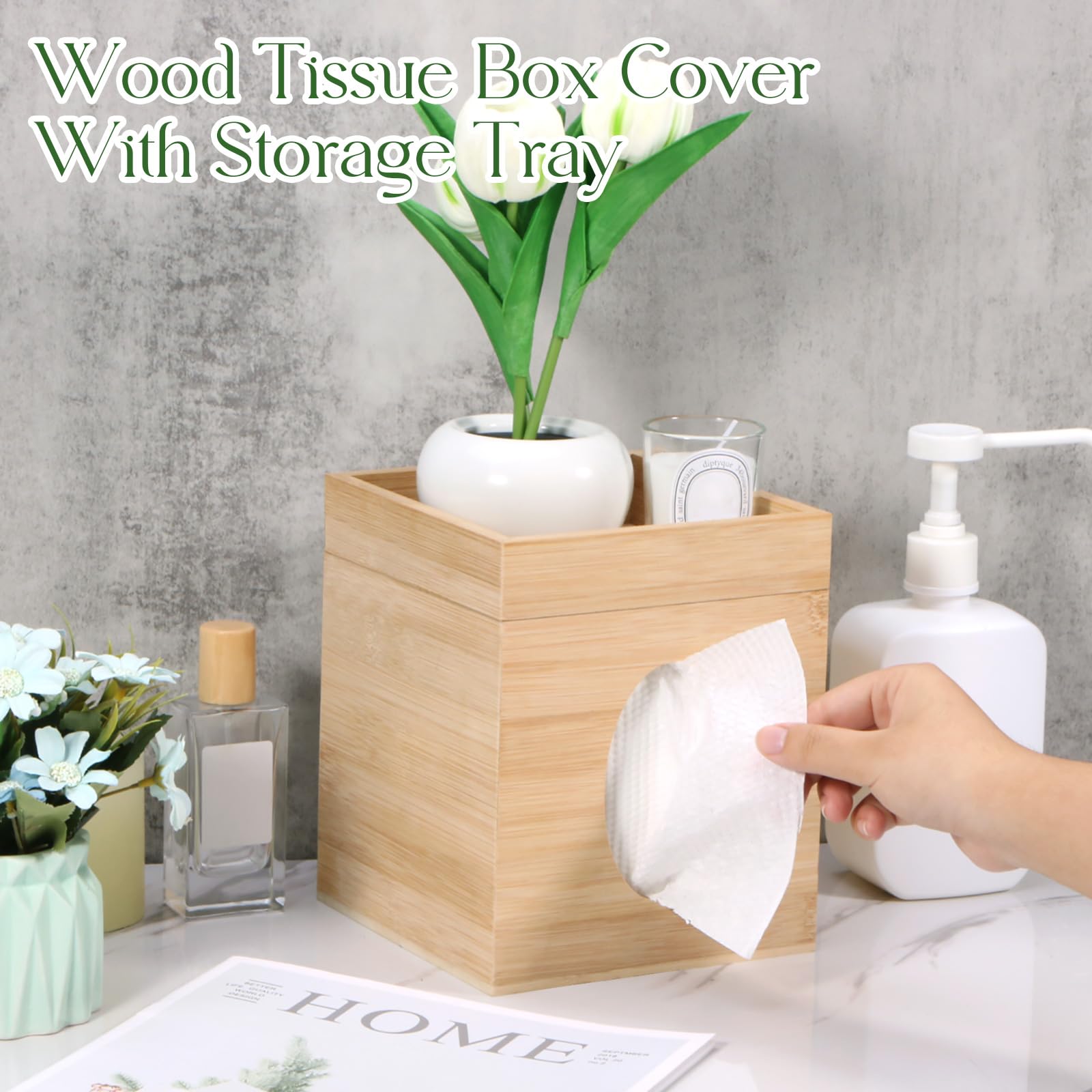 Tissue Box Cover, Bamboo Tissue Box Cover With Storage Tray Square Tissue Box Covers Holder For Bathroom, Bedroom, Dinner Table,