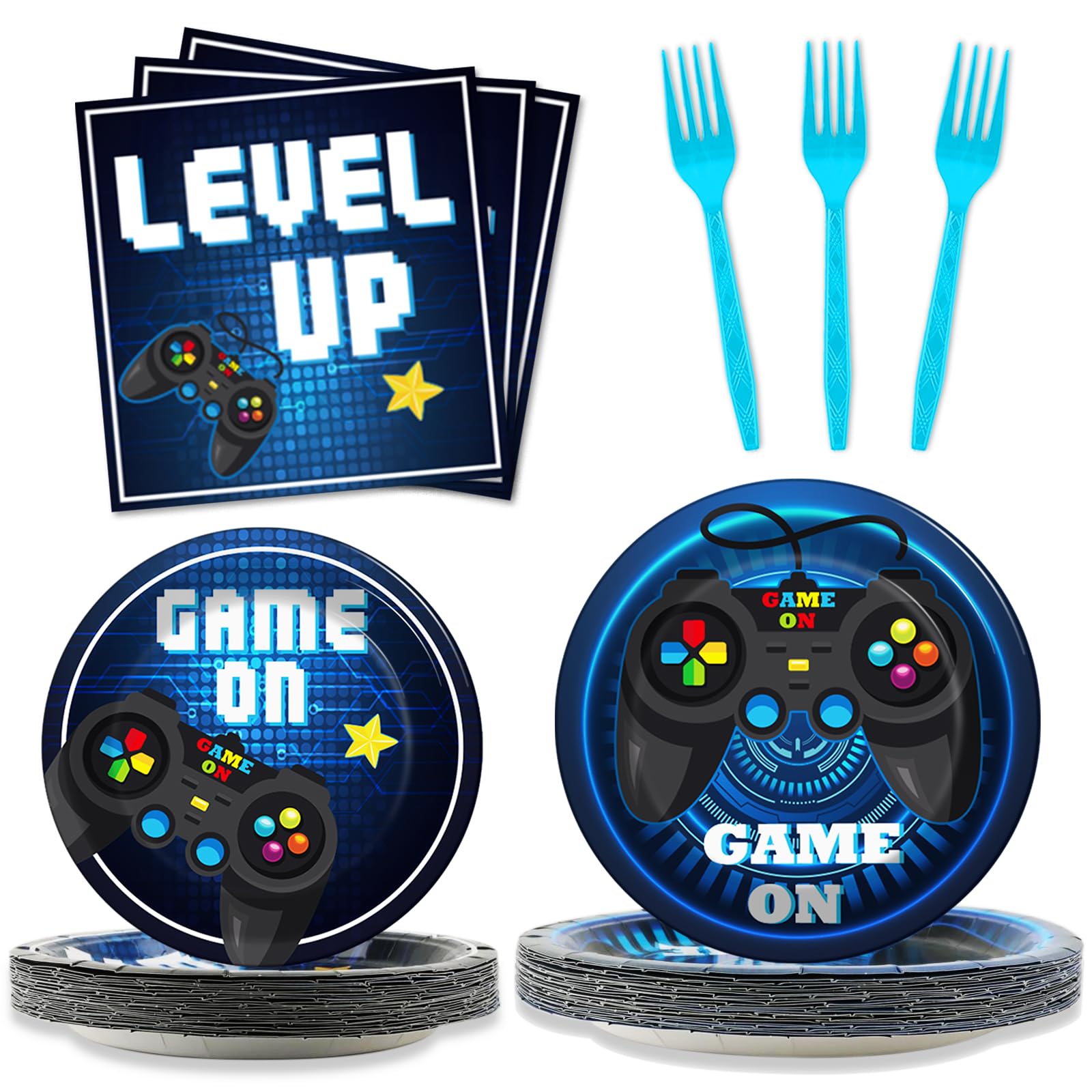 96 Pcs Video Game Party Supplies Paper Plates Napkins Gaming Party Birthday Decorations Favors For Kids Gaming Serves 24