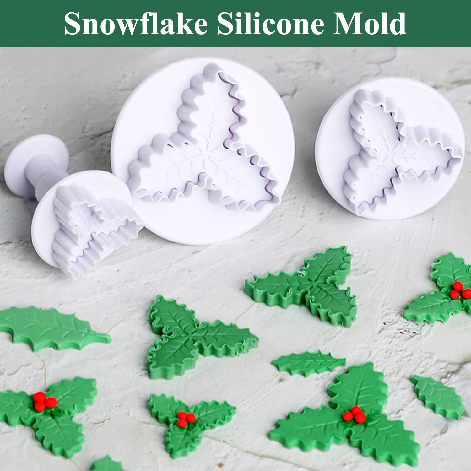 KALAIEN 3pcs Holly Leaf Plunger Cutter Set - Plastic Fondant Baking Tools, White, Model BGYM0128
