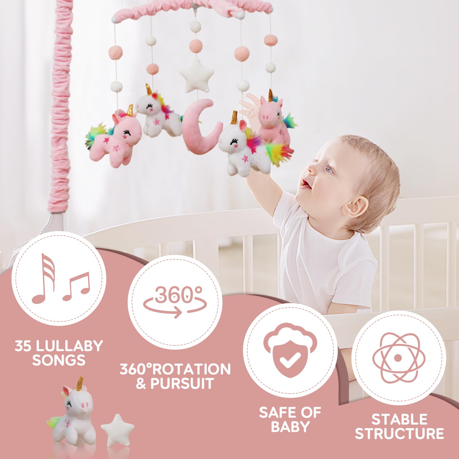 Baby Crib Mobile - Unicorn Crib Mobile for Girls with 25 Inches Mobile Arm and 35 Lullabies Musical Box, 3 Modes Digital, Volume