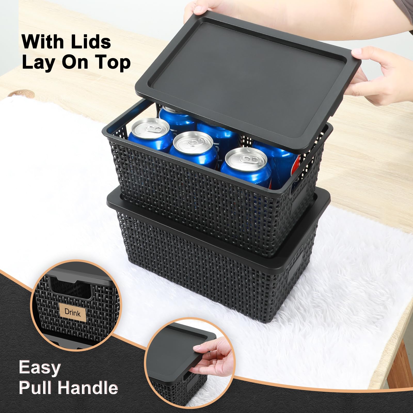 Plastic Storage Baskets with Lids - Stackable Storage Bins with Lids for Pantry, Closet, Bedroom & Shelves | Durable Organizatio