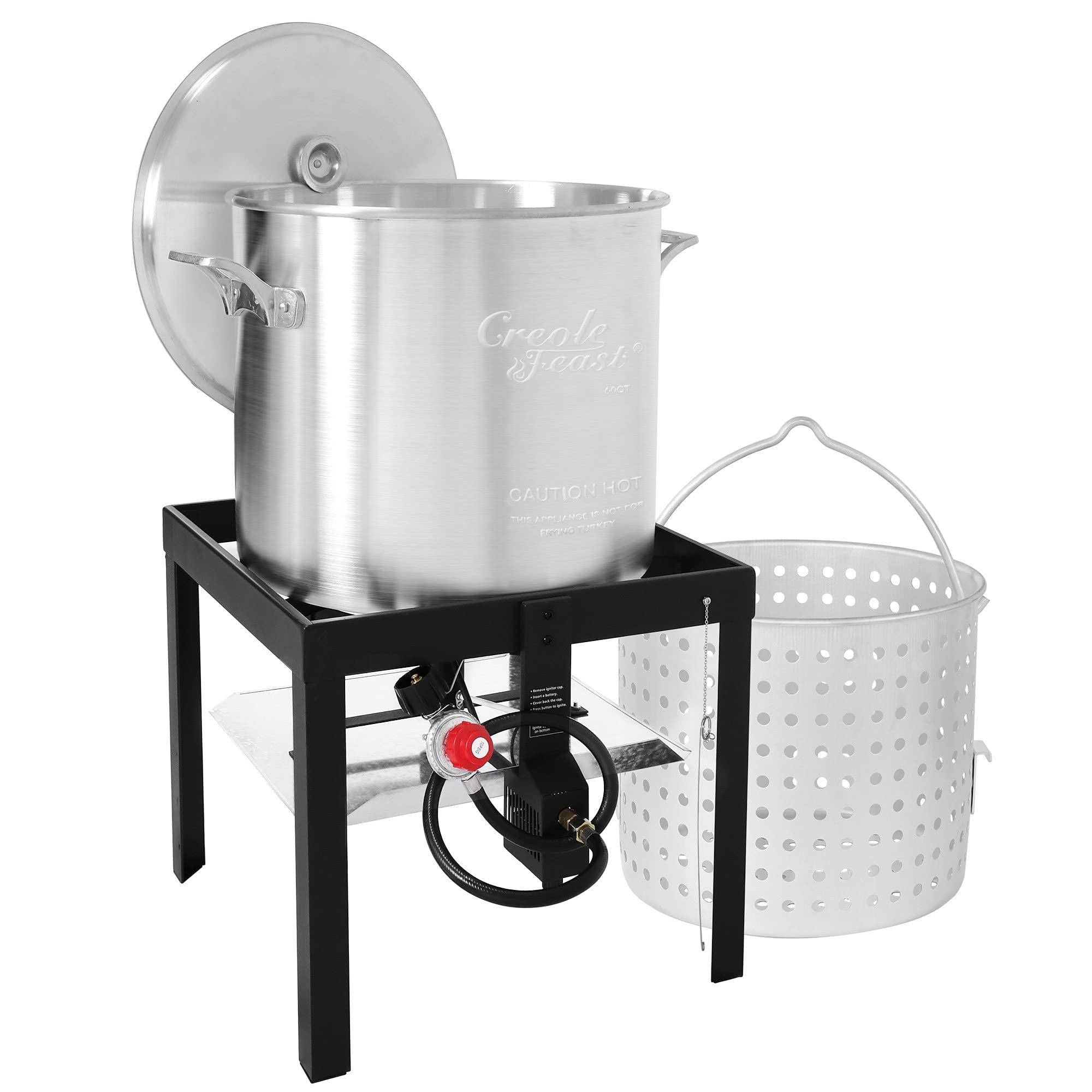 Creole Feast Sbk0601 60 Qt. Seafood Boil Pot With Basket And Burner, Outdoor Aluminum Propane Seafood Boiler With 10 Psi Regulat