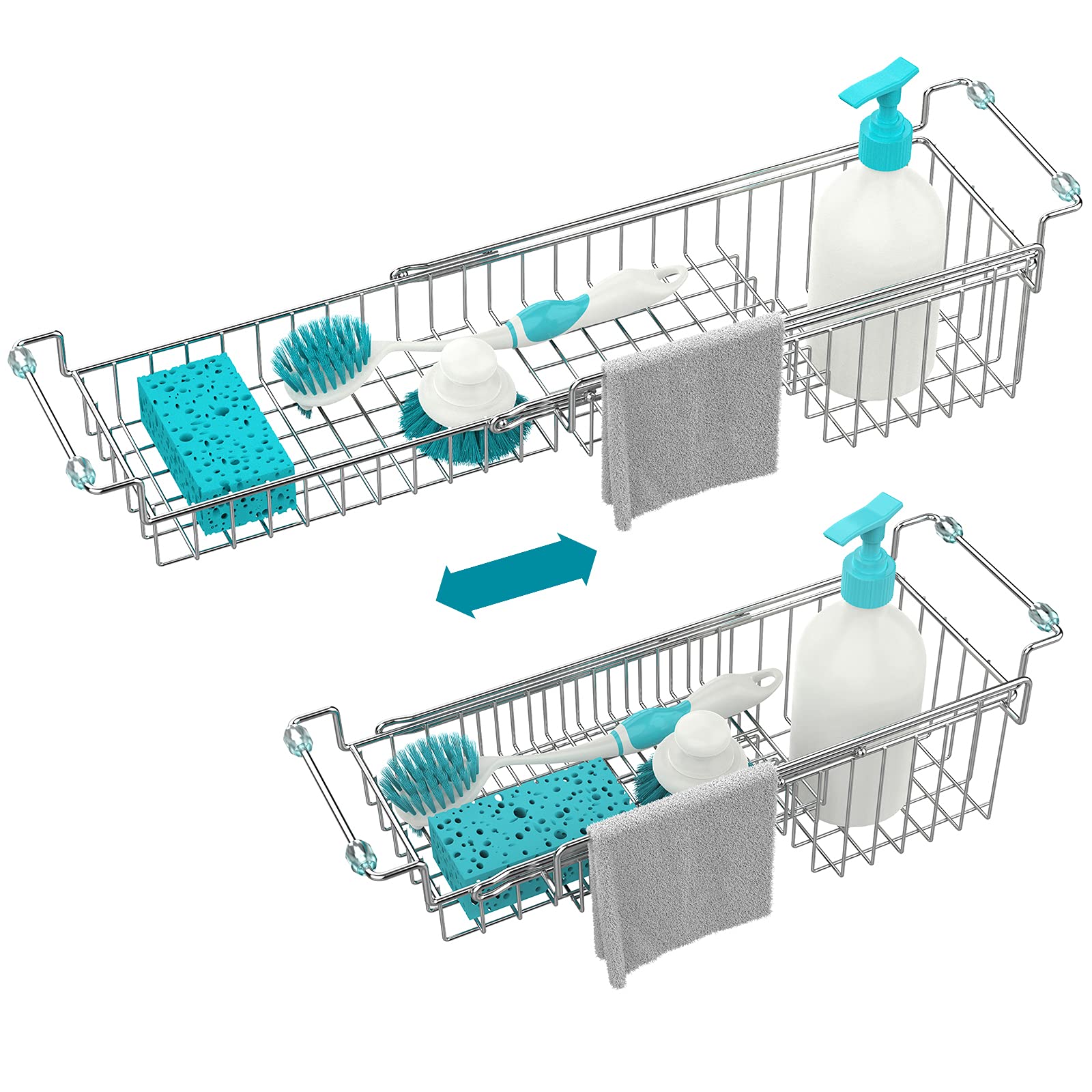 Favothings Over The Kitchen Sink Caddy Sponge Holder Organizer Drying Rack Expandable For Sponge Brush Soap Dish Cloth Rag 14.5'