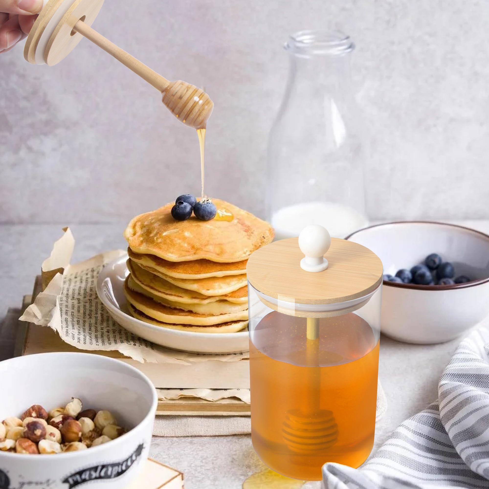 Givameihf12Oz Honey Pot,Glass Honey Jar With Dipper Stick,Honey Containers With Dipper,Honey Dispenser,Honey Jar For Storing Hon