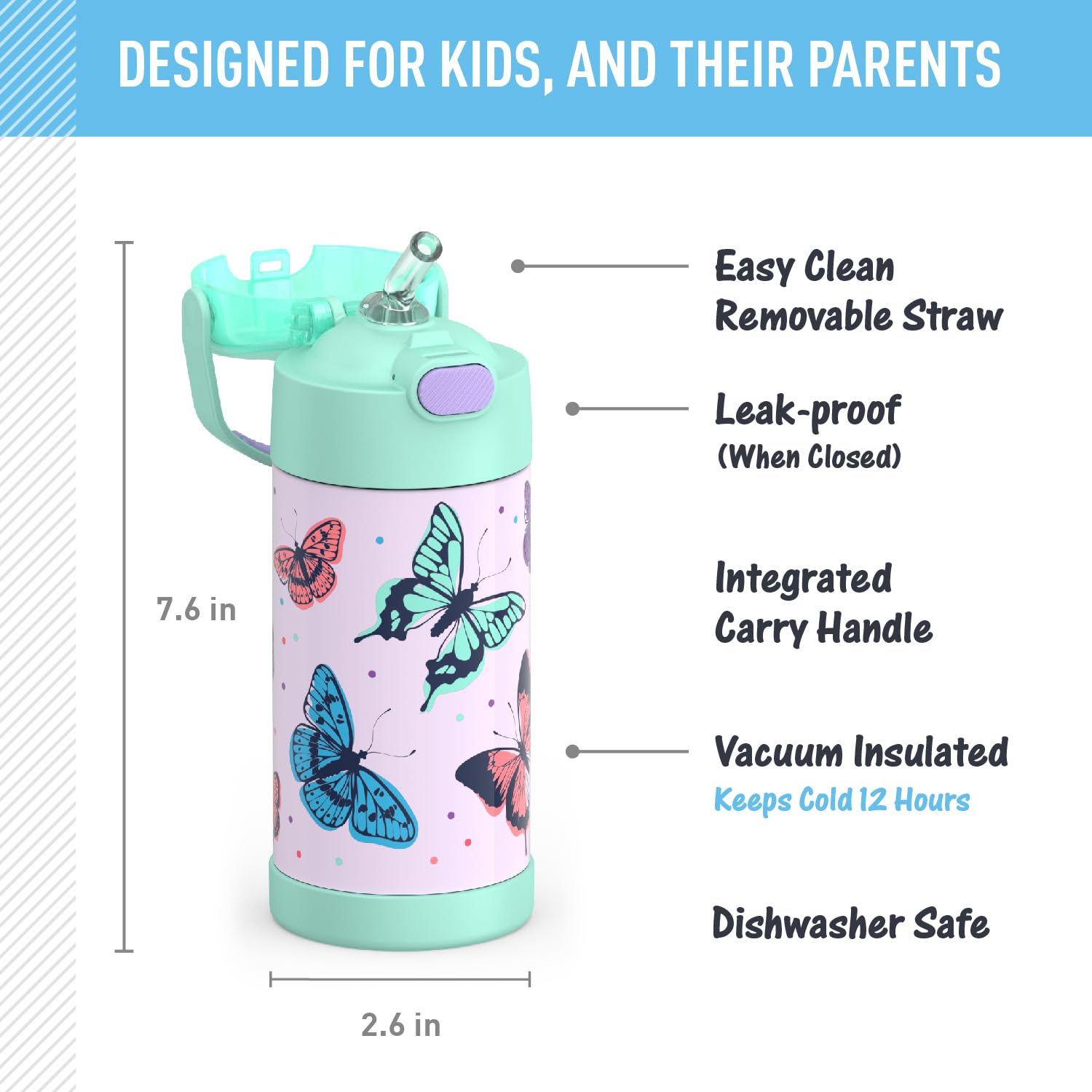 Thermos Funtainer Water Bottle With Straw - 12 Ounce, Butterfly Frenzy - Kids Stainless Steel Vacuum Insulated Water Bottle With