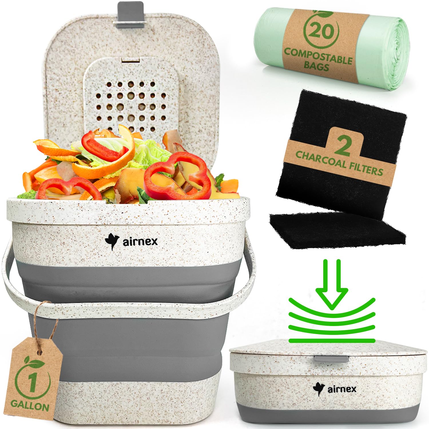 AIRNEX Collapsible Compost Bin Kitchen Counter Caddy - 1 Gallon Countertop Compost Bin with Lid Made of Wheat Straw - Odorless K