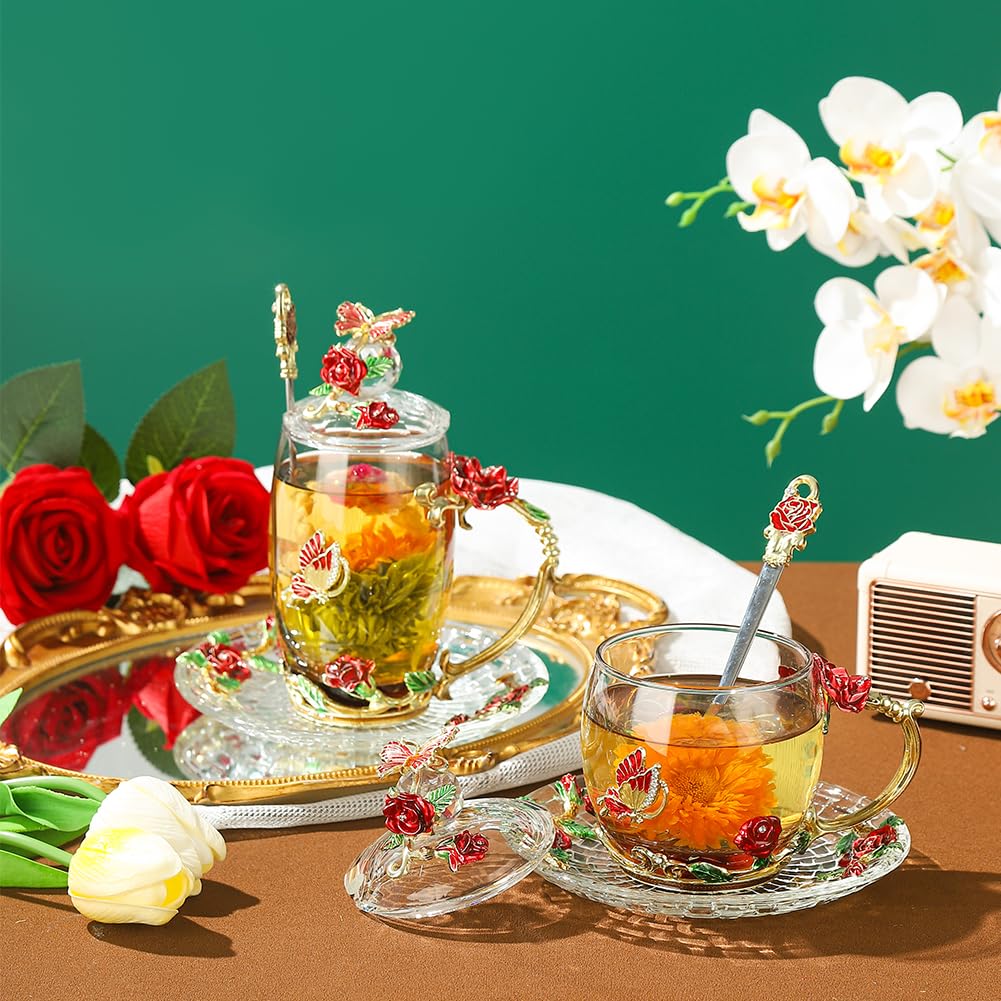 Lantree Fancy Glass Tea Cup With Lid Saucer Spoon Flower Coffee Mug Unique Birthday Gift For Friend Female Mother-In-Low Daughte