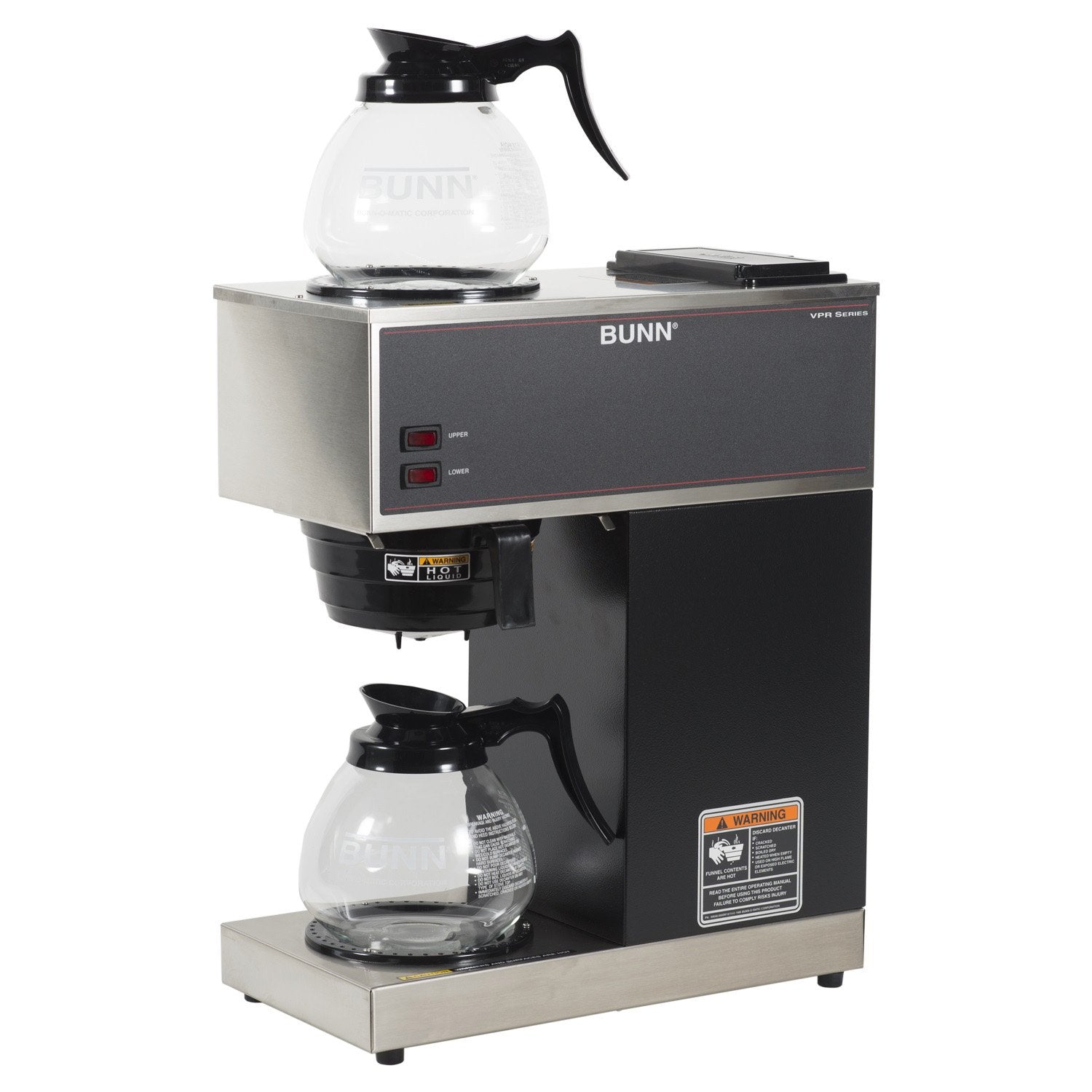 BUNN 33200.0015 VPR-2GD 12-Cup Pourover Commercial Coffee Brewer with Upper and Lower Warmers and Two Glass Decanters  Black  Stainless  Standard