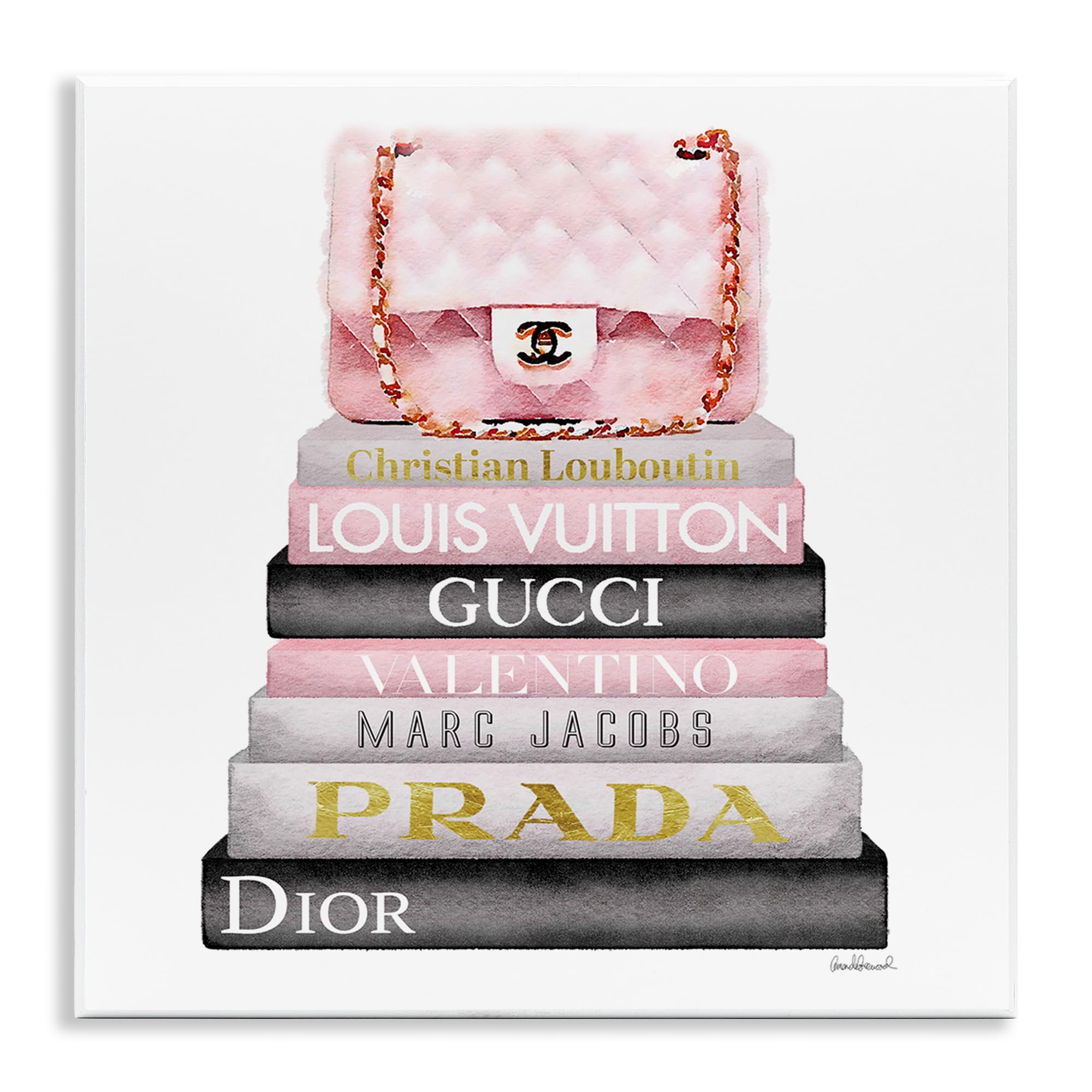The Stupell Home Decor Collection Watercolor High Fashion Bookstack Padded Pink Bag Wall Plaque Art  12 x 12  Pink  for Bedroom