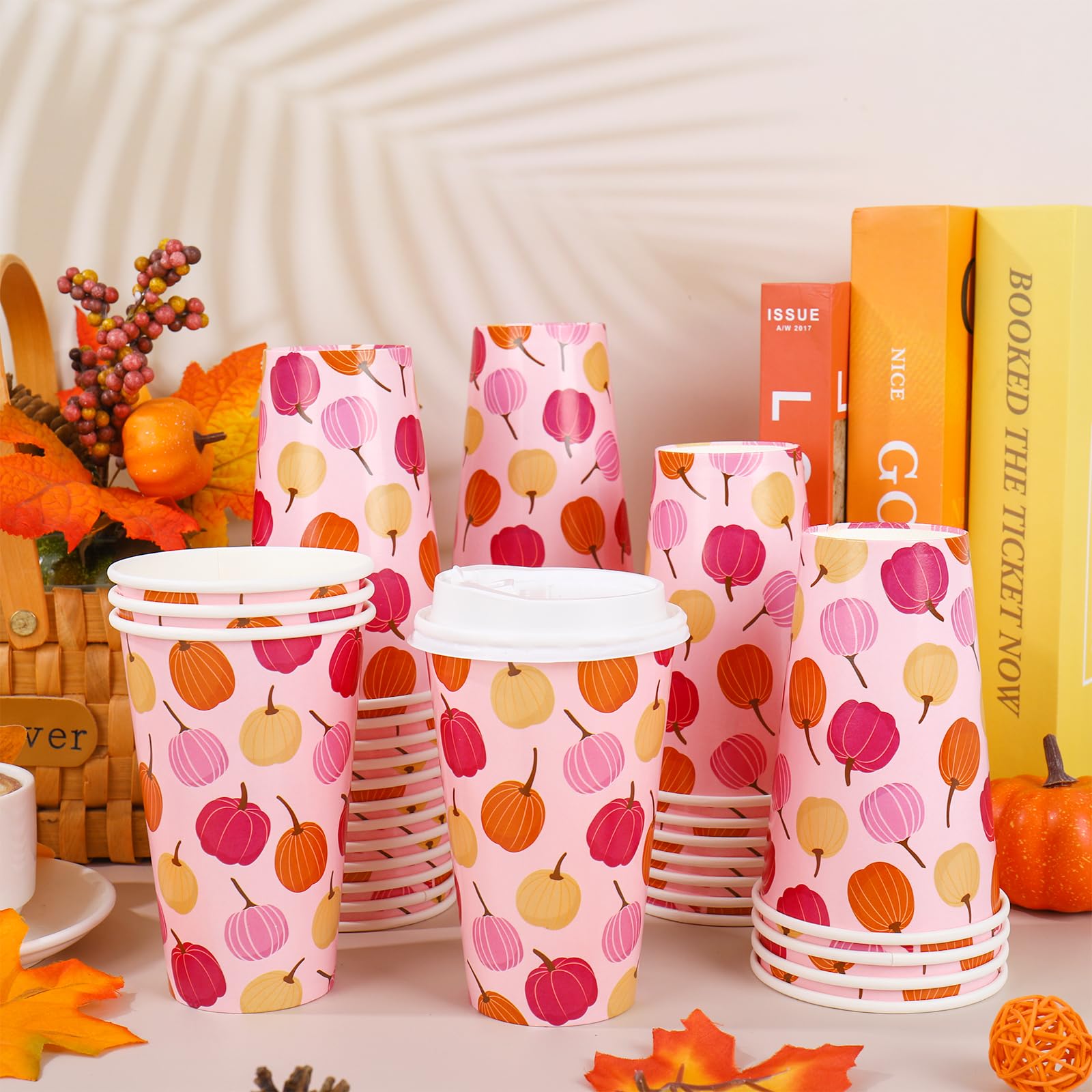 Whaline 50 Pcs Fall Disposable Coffee Cup with Lid 16 Oz Pink Thanksgiving Pumpkin Paper Cup Drinking Cups for Autumn Cafe Shop