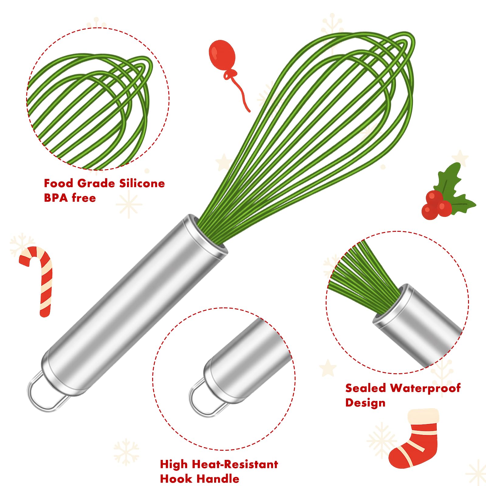 OYV Christmas Whisk Set - 3 Sizes (12   , 10   , 8   ) - Holiday Red, Green & White Stainless Steel Whisks for Baking, Cooking &