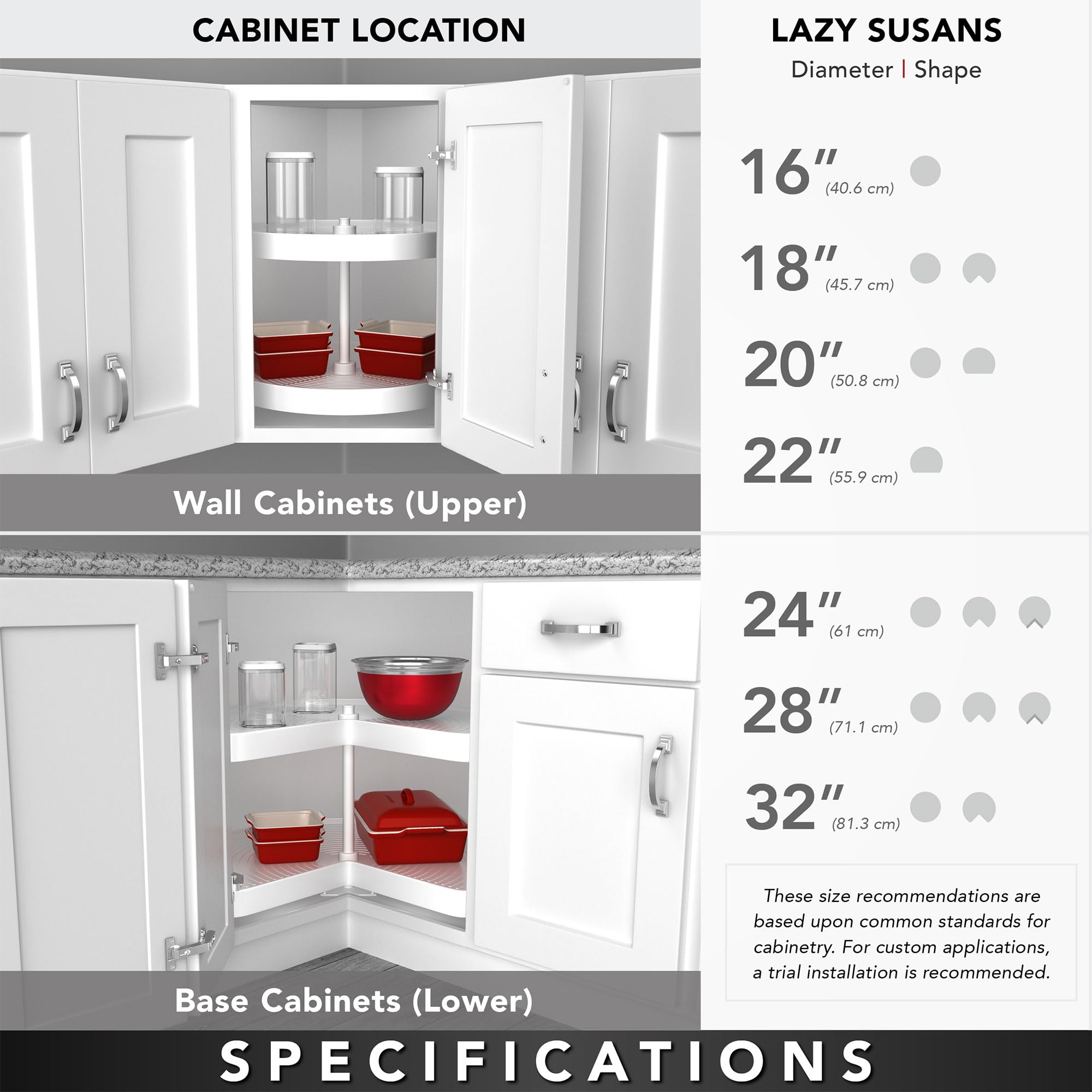 Rev-A-Shelf 28'' Kidney Shaped Dual Tier Lazy Susan Shelf Organizer For Corner Base Kitchen Cabinets, Plastic Home Storage, Whit