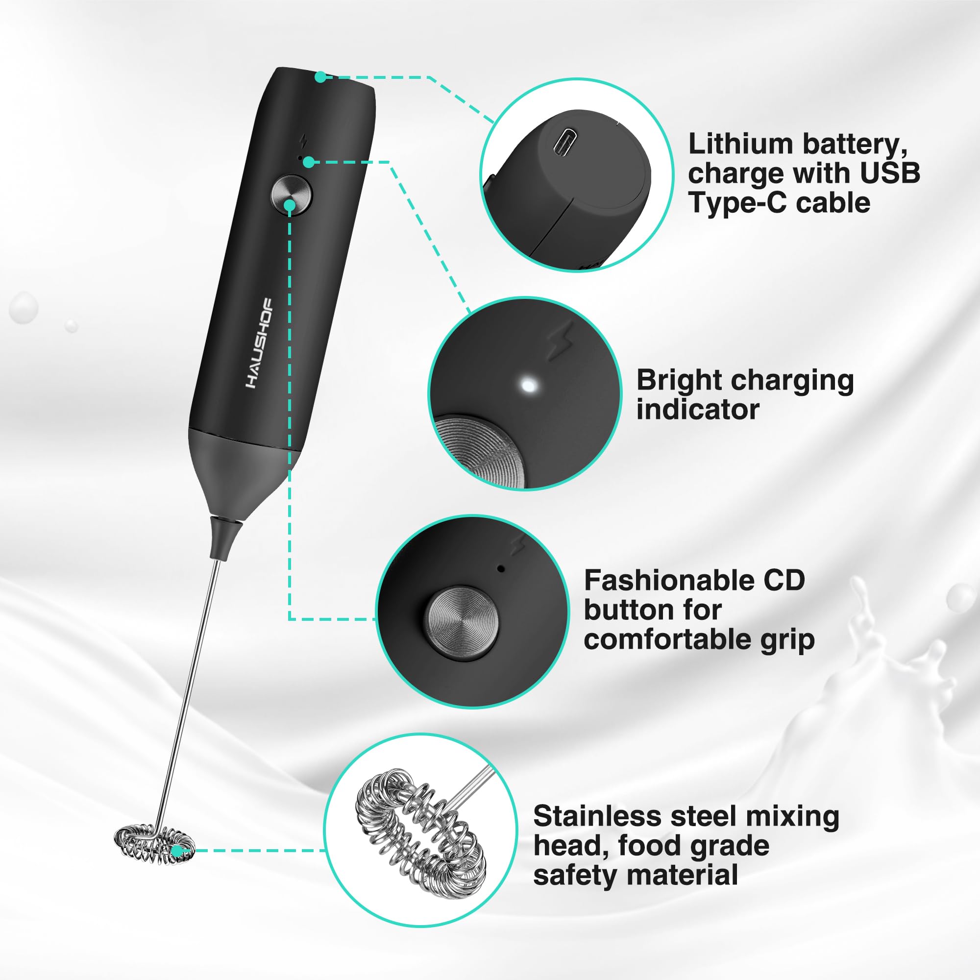 Haushof Powerful Rechargeable Milk Frother, Handheld Usb Type-C Electric Foam Maker For Coffee Latte, Cappuccino, Mocha, Macchia