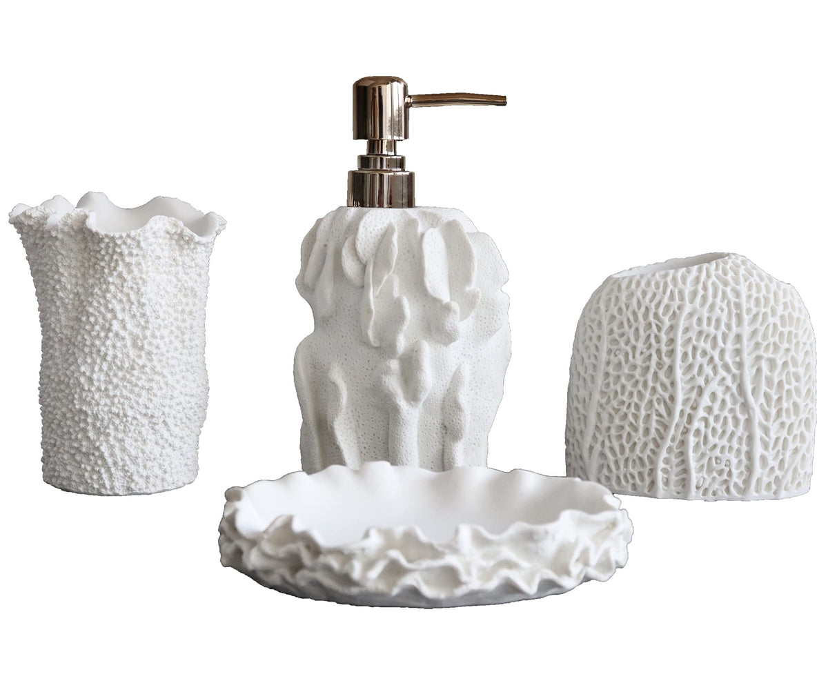 Hymmah Bathroom Accessories Set,Coral Seashell Design Toothbrush Holder,Farmhouse Bathroom Decor,4 Pcs Resin Gift Set Apartment