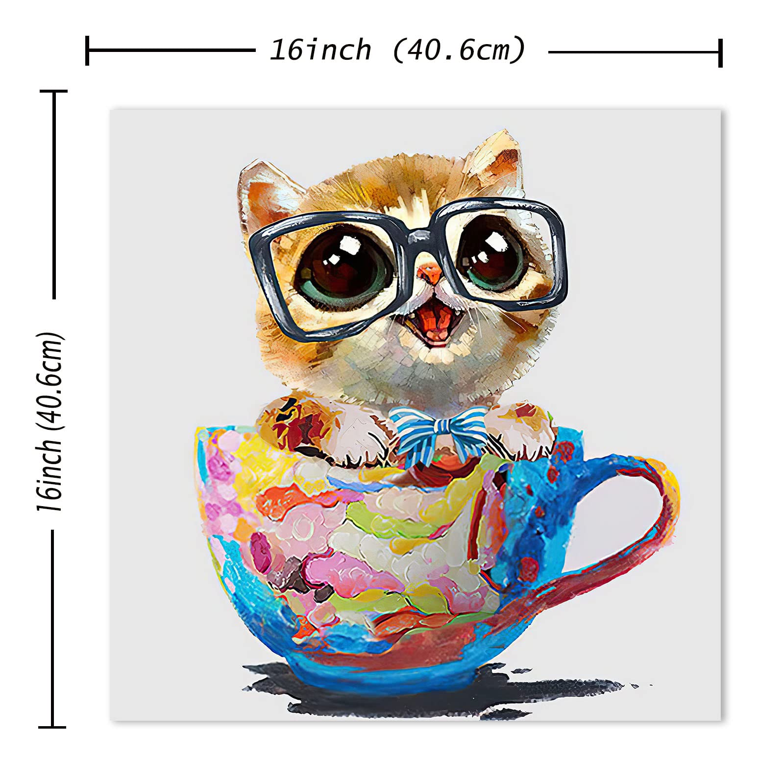 Watercolor Cat Canvas Art Cat In A Cup Canvas Painting Cat Picture Prints Cat Art Prints Cute Animal Poster Cat With Glasses Wal