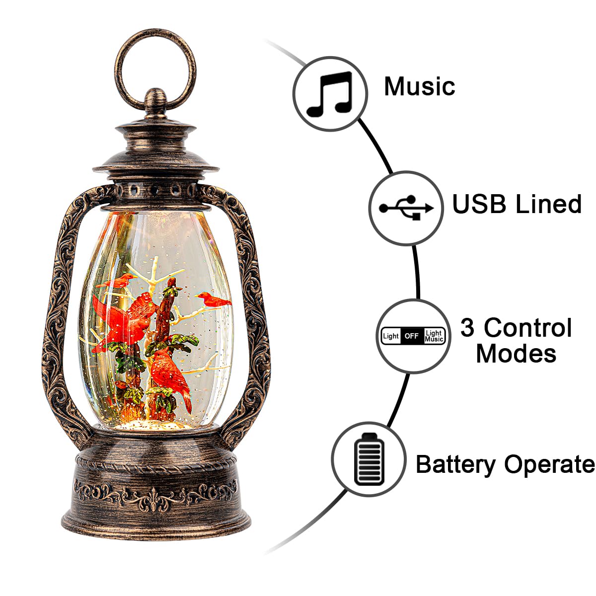 12'' Lighted Cardinals Snow Globe Lantern, Music Water Lantern with Swirling Glitter Decoration for Christmas Home, Living Room,