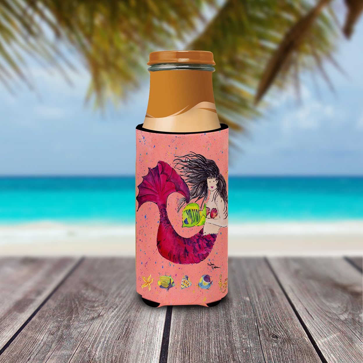 Black haired Mermaid on Red Ultra Beverage Insulators for slim cans 8338MUK