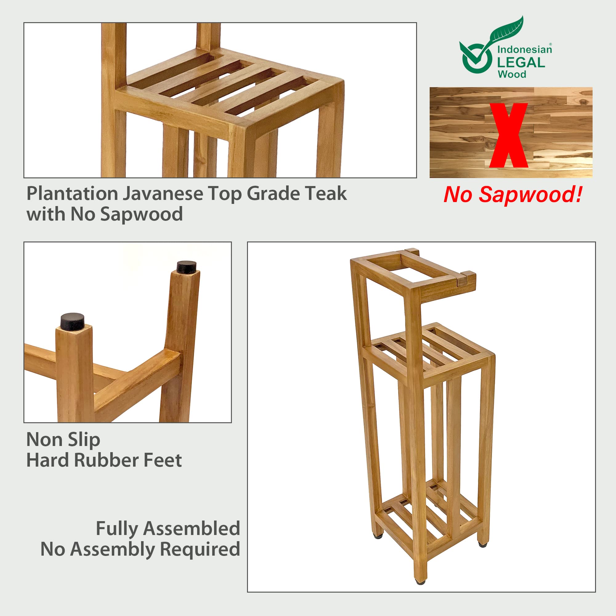 Solid Teak Toilet Paper Holder Stand With Shelf, Freestanding Bathroom Toilet Paper Roll Holder With Reserve, Standing Toilet Pa