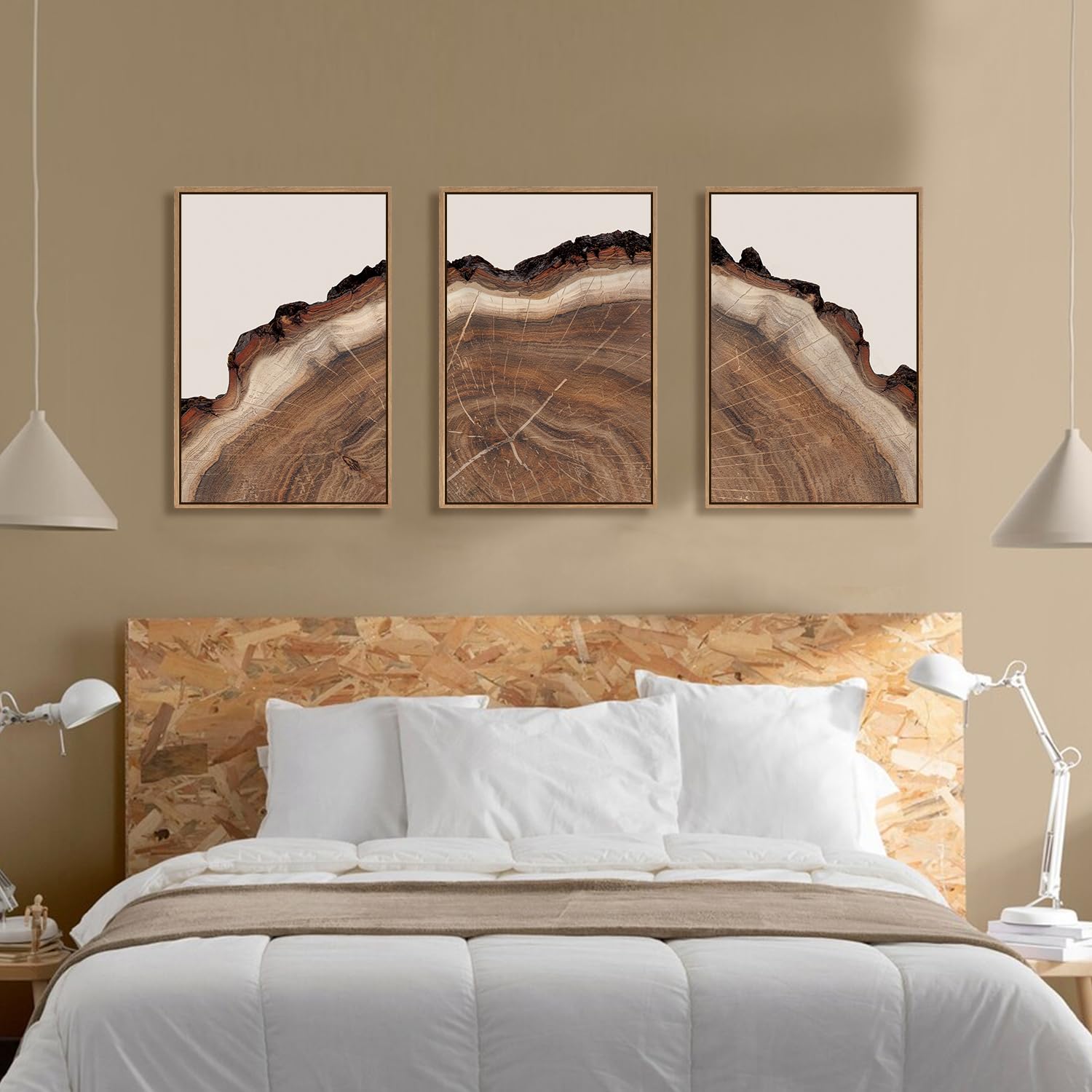 Hpinub Tree Rings Wood Wall Art Framed Set, Modern Beige Wood Stump Wall Decor, Abstract Tree Spiral Wall Painting,Nature-Inspir