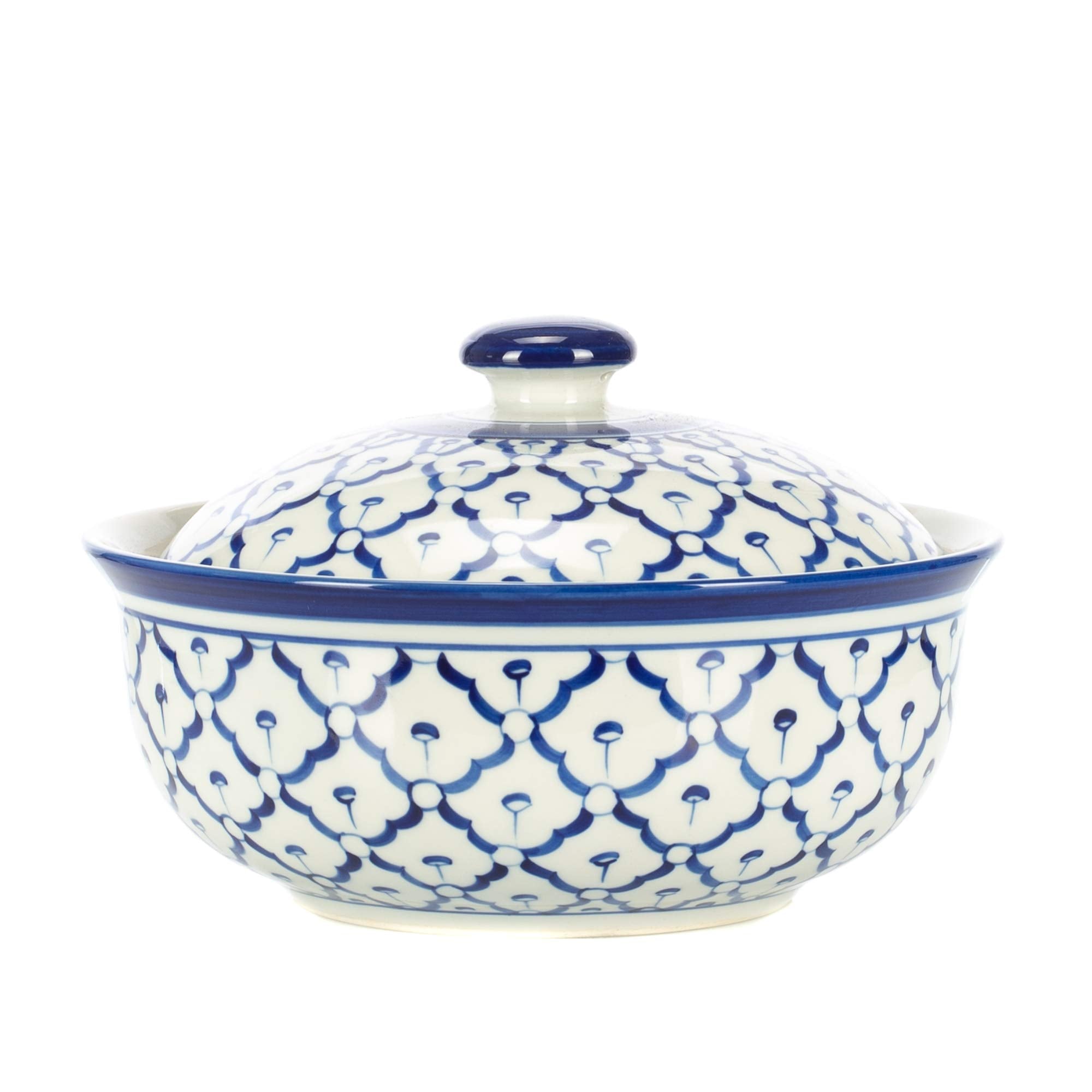Covered Large Round Glossy Blue and White 7 x 7 Porcelain Ceramic Casserole