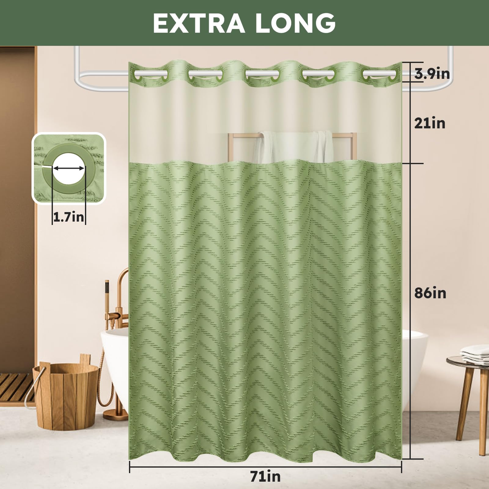 Fadoty No Hook Shower Curtain And Snap In Liner Set Sage Green Tufted Chevron Striped Cloth Waterproof Washable Fabric Boho Mode