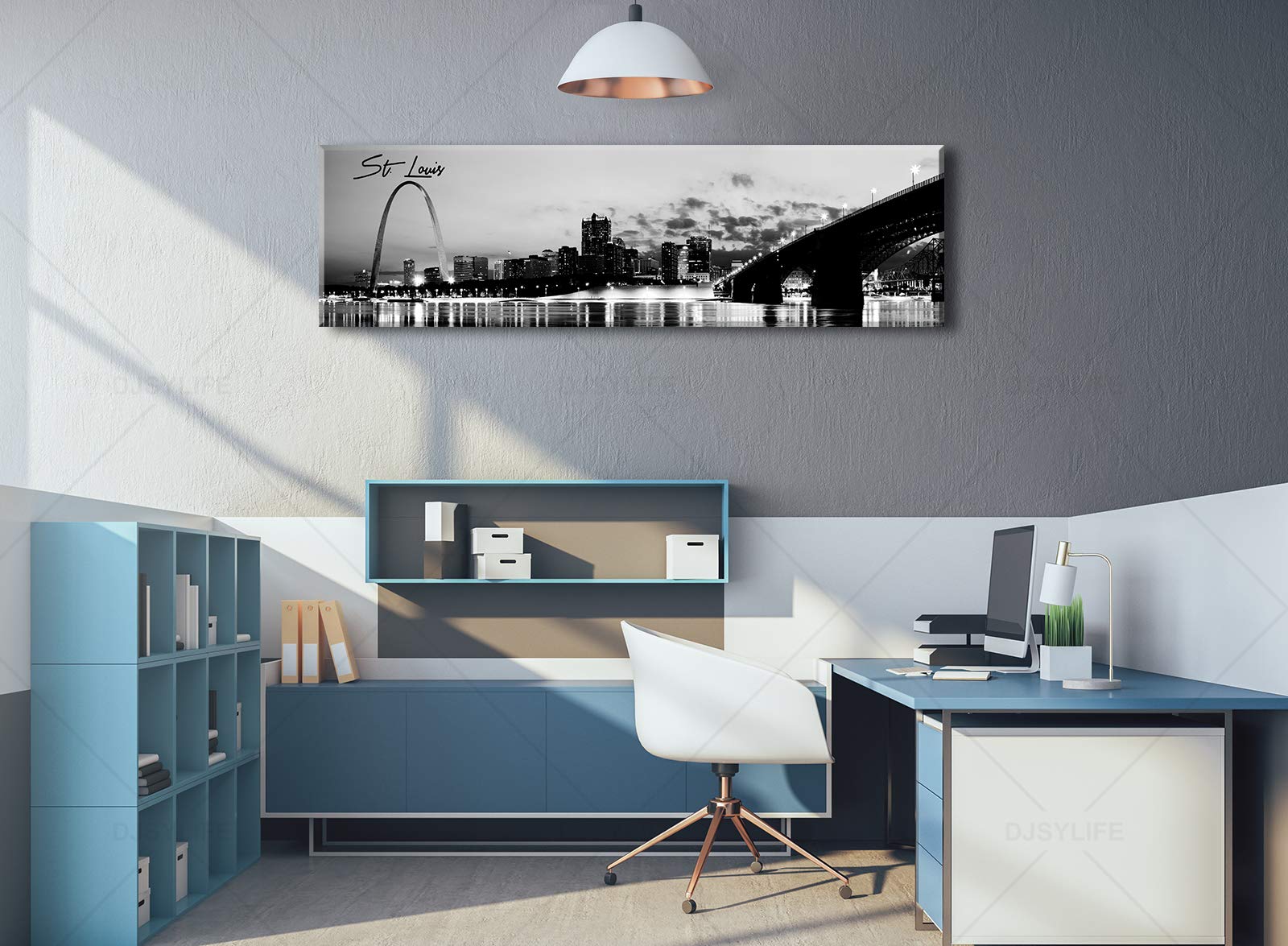 Djsylife Panoramic St. Louis Skyline Wall Art Cityscape Picture Black And White Canvas Print Night View Urban Landscape Modern A