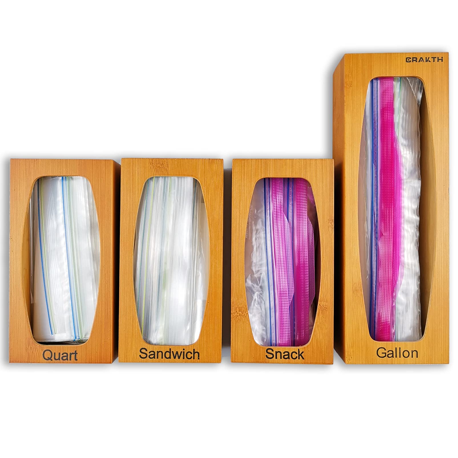 Crakth Bamboo Ziplock Bag Storage Organizer For Kitchen Drawer, 4 Separate Baggie Organizer, Suitable For Gallon, Quart, Sandwic