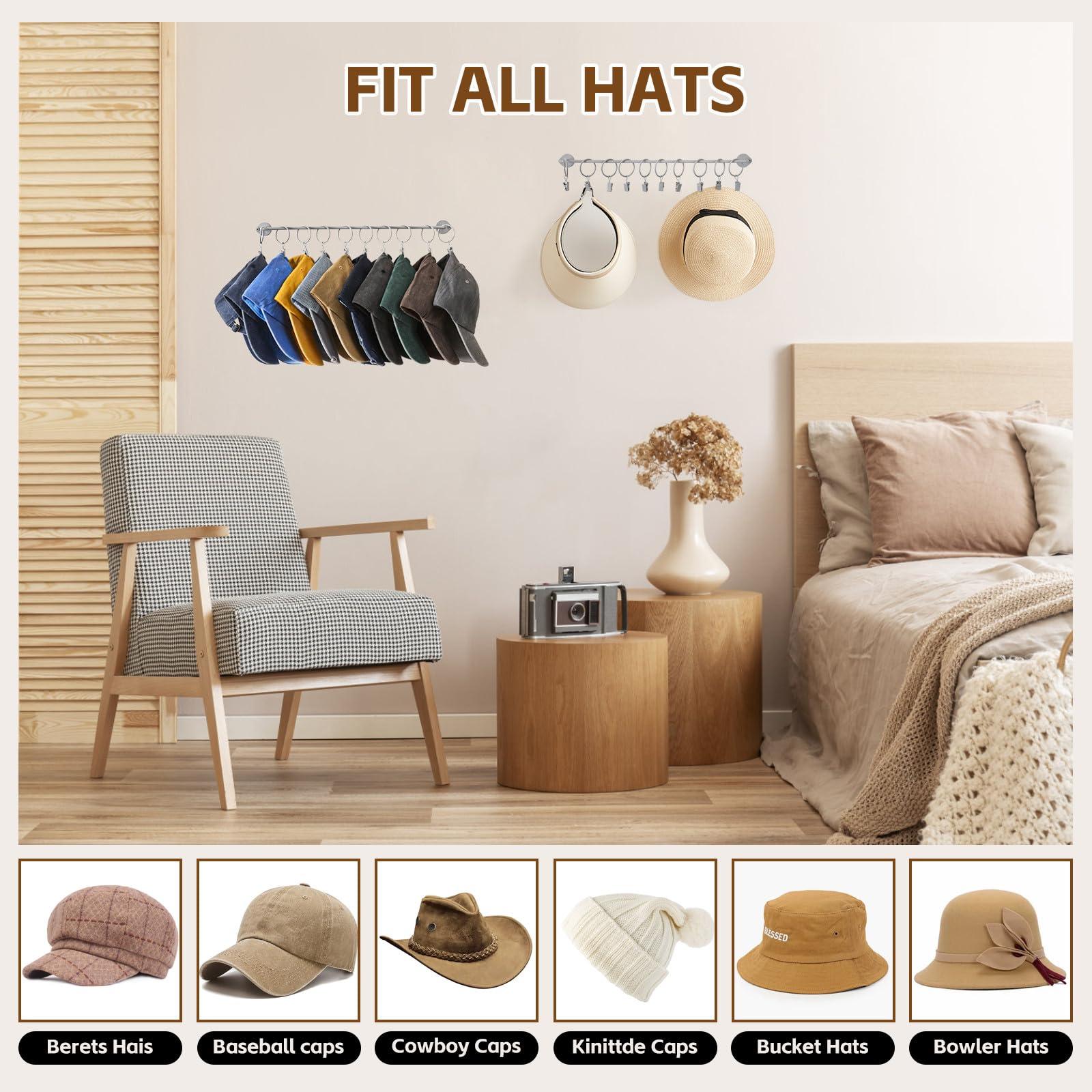Viklluyr Hat Rack Baseball Cap Wall Organizer - Closet Hats Holder With 20 Hooks - Metal Caps Storage Wall Mounted Hat Hanger Se