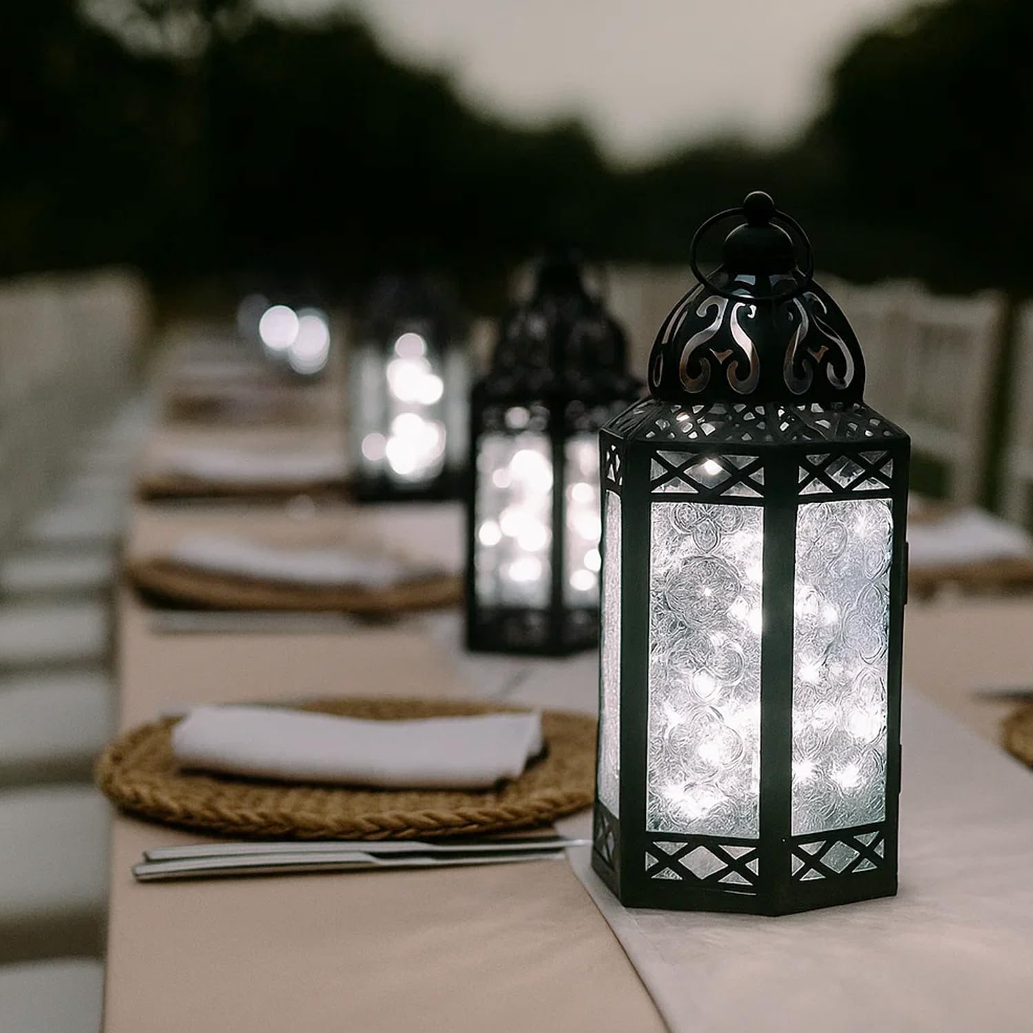 Vela Lanterns 12pk LED Fairy String Lights Candle Holder Decorative Moroccan Lantern, Clear Glass, Large