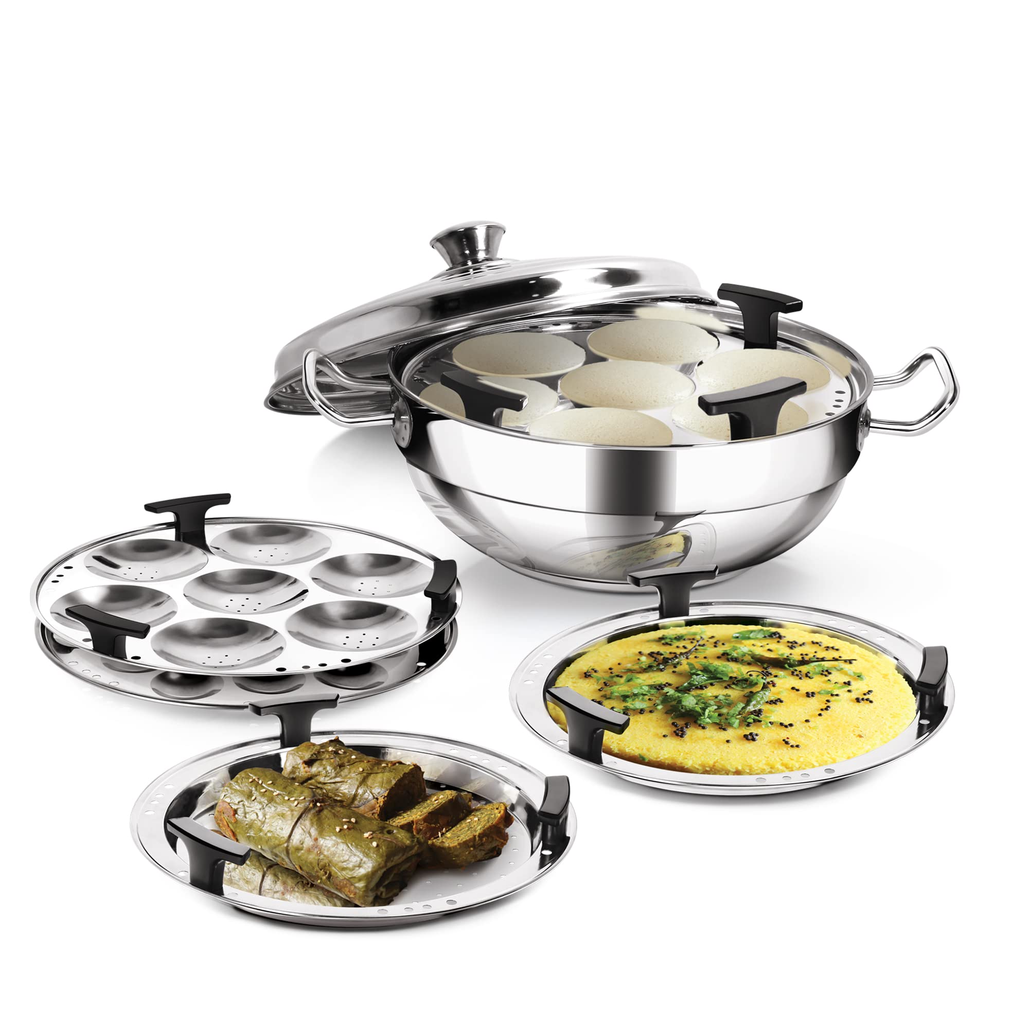 Milton Pro Cook Induction Cookware & Gas Stove Friendly Stainless Steel Idli Cooker 6 Plates | 2 Regular Idli Plates | 1 Mini Id