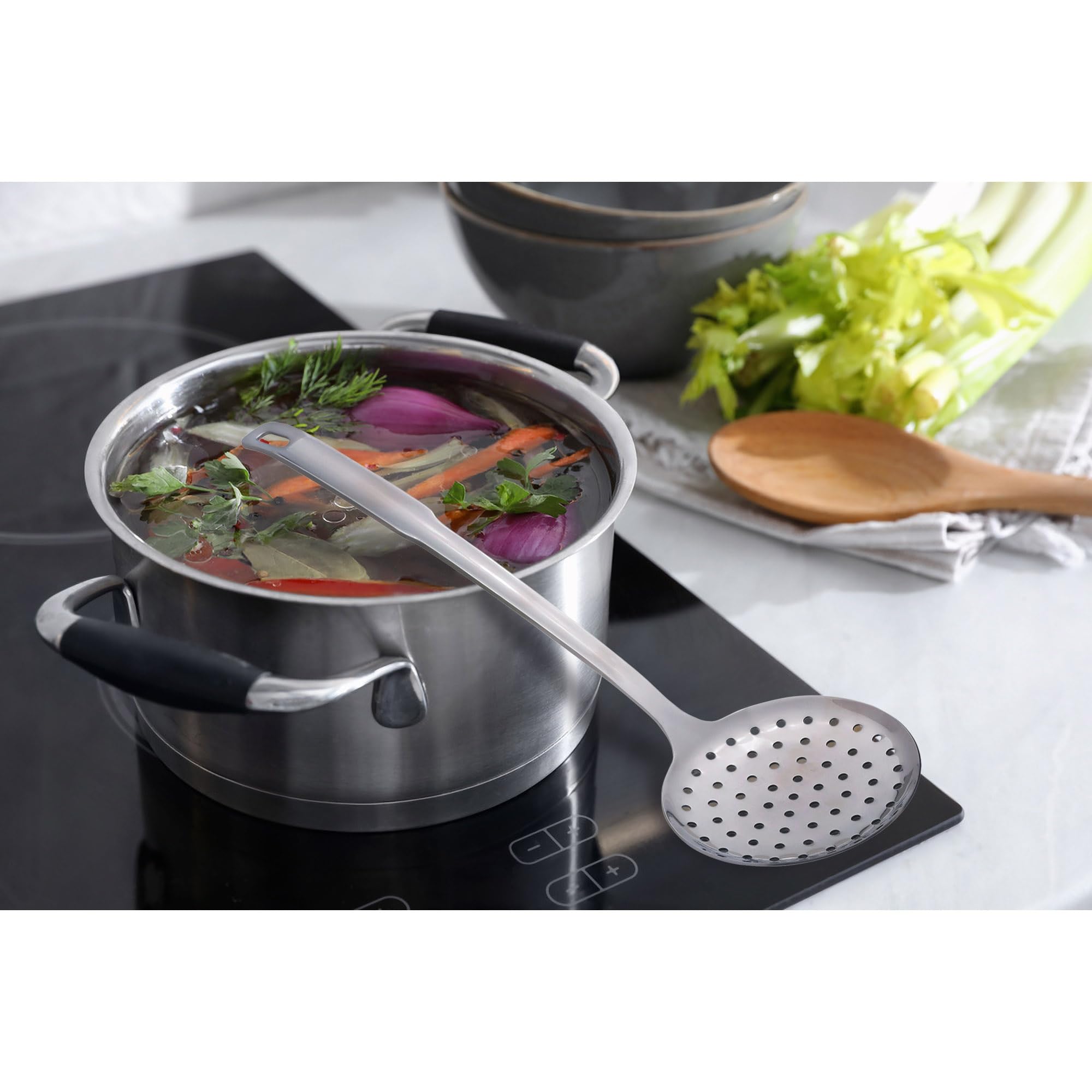 Hic Kitchen Essential Perforated Spoon Style Skimmer With Long Handle, 18/8 Stainless Steel, 12.5-Inch