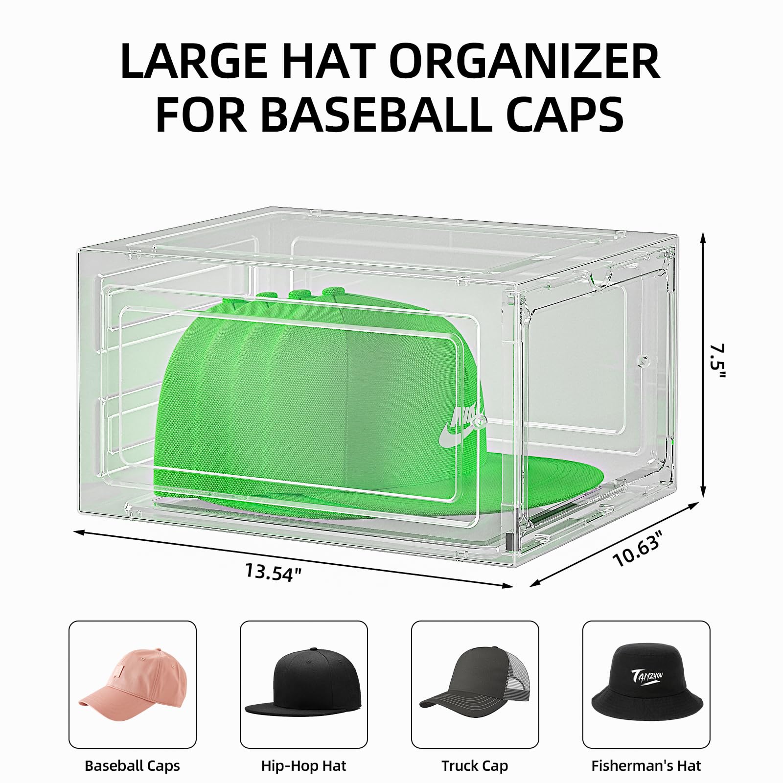 ZHAIXIAONIAN Hat Organizer Box - 6 Pack Clear Plastic Storage, Holds 8 Caps Each, XL Size, Magnetic Door, Model ZXN087