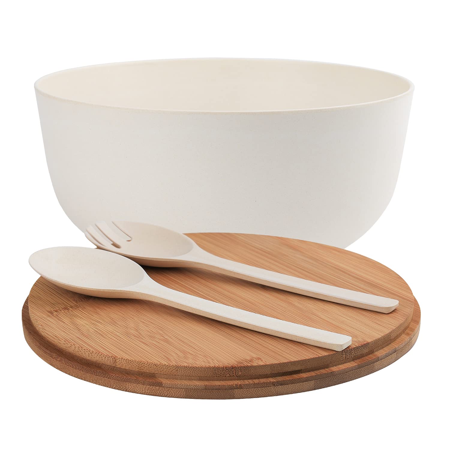 Lovyanxue Bamboo Fiber Salad Bowl With Servers Set Large 98Inches Nature Bamboo Mixing Bowl With Servers With Lid Spoon And Fork