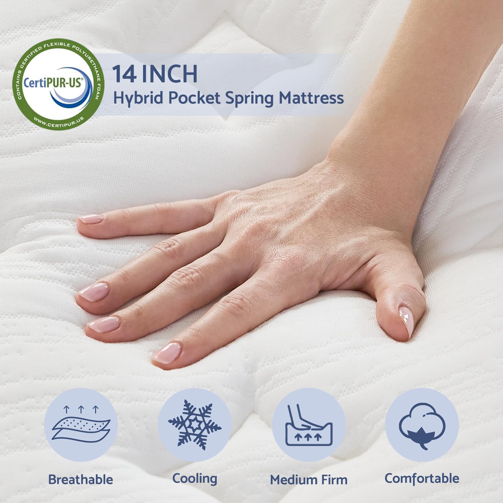 King Mattress, 14 Inch King Size Mattress In A Box, Hybrid Mattress For Pressure Relief, Pocket Springs Mattress, Firm