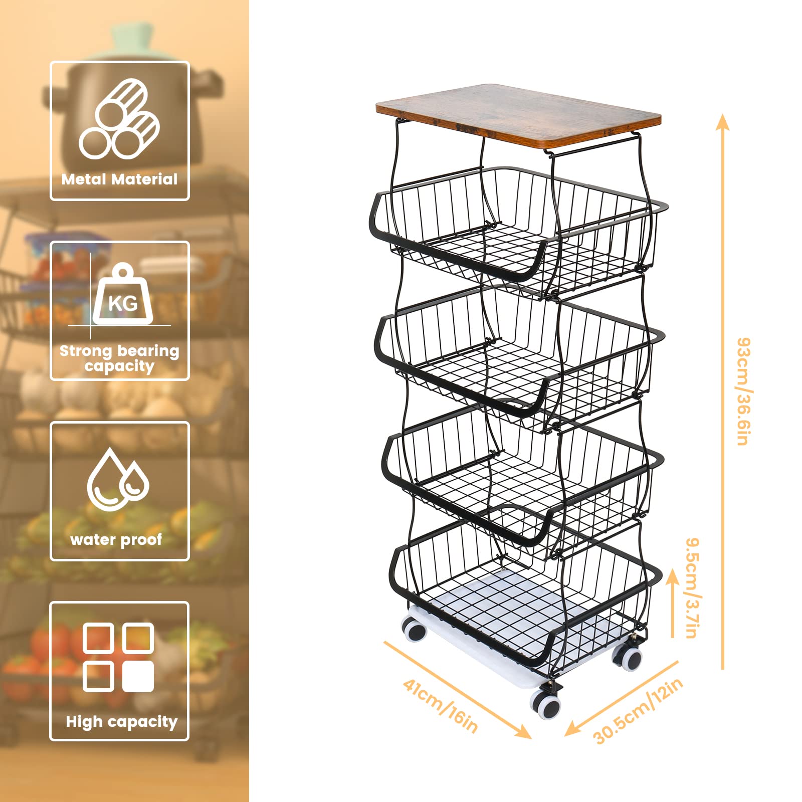 Modereve Fruit Basket For Kitchen, 5 Tier Stackable Fruit And Vegetable Storage Basket Bins Heavy Duty Wire Rolling Cart For Kit