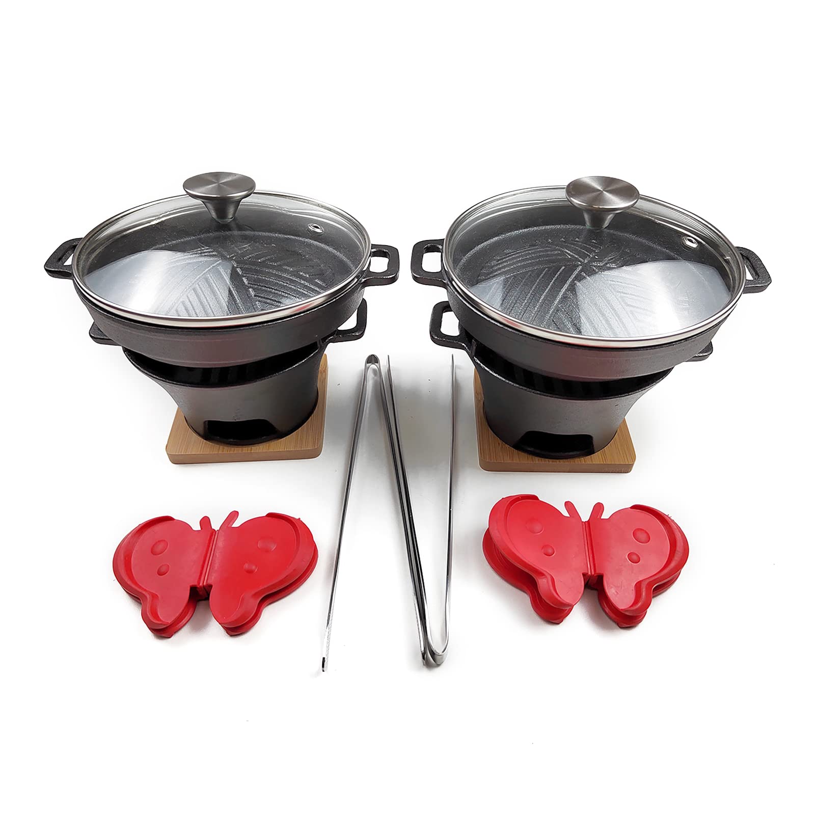 Hawok Yakiniku Plate Cast Iron With Glass Lid Mini Stove Set Of 2