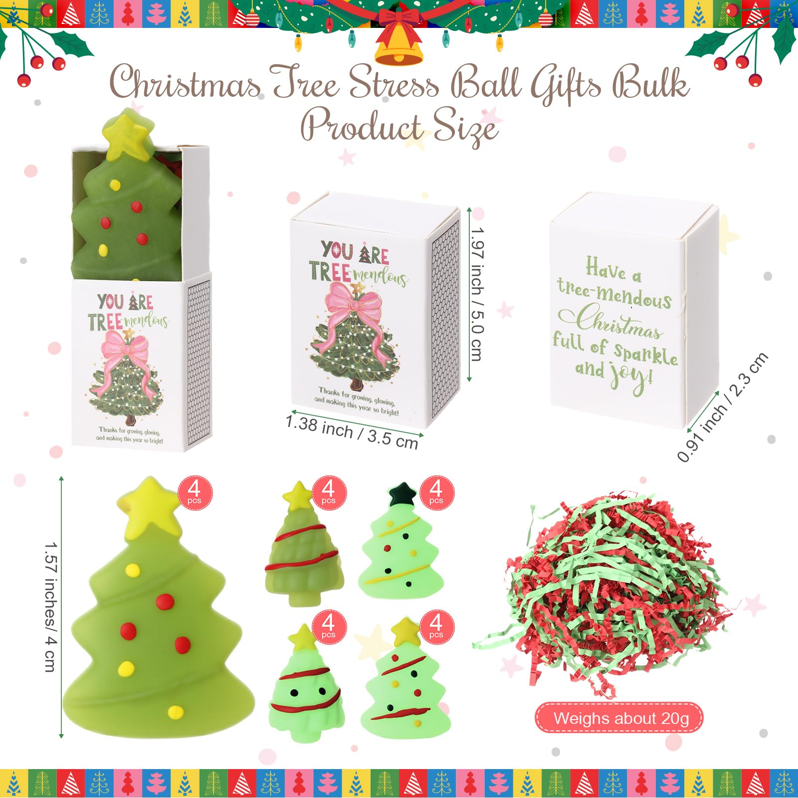 Wettarn 20 Sets Christmas Appreciation Gifts Tree Stress Balls with Support Gift Boxes Bulk Christmas Party Favors for Employee