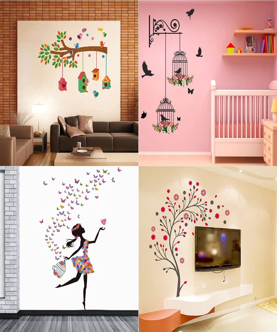 Ghar Kraft Pvc Vinyl Dream Girl | Bird House On A Branch | Branch With Cage|Magical Tree Wall Sticker - Multicolour - Set Of 4,