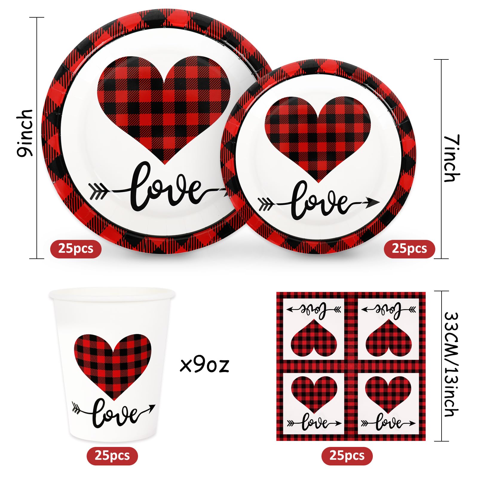 Whaline 100Pcs Valentine'S Day Tableware Set Buffalo Plaid Love Heart Disposable Dinnerware Set 50Pcs Paper Plates 25Pcs Napkin