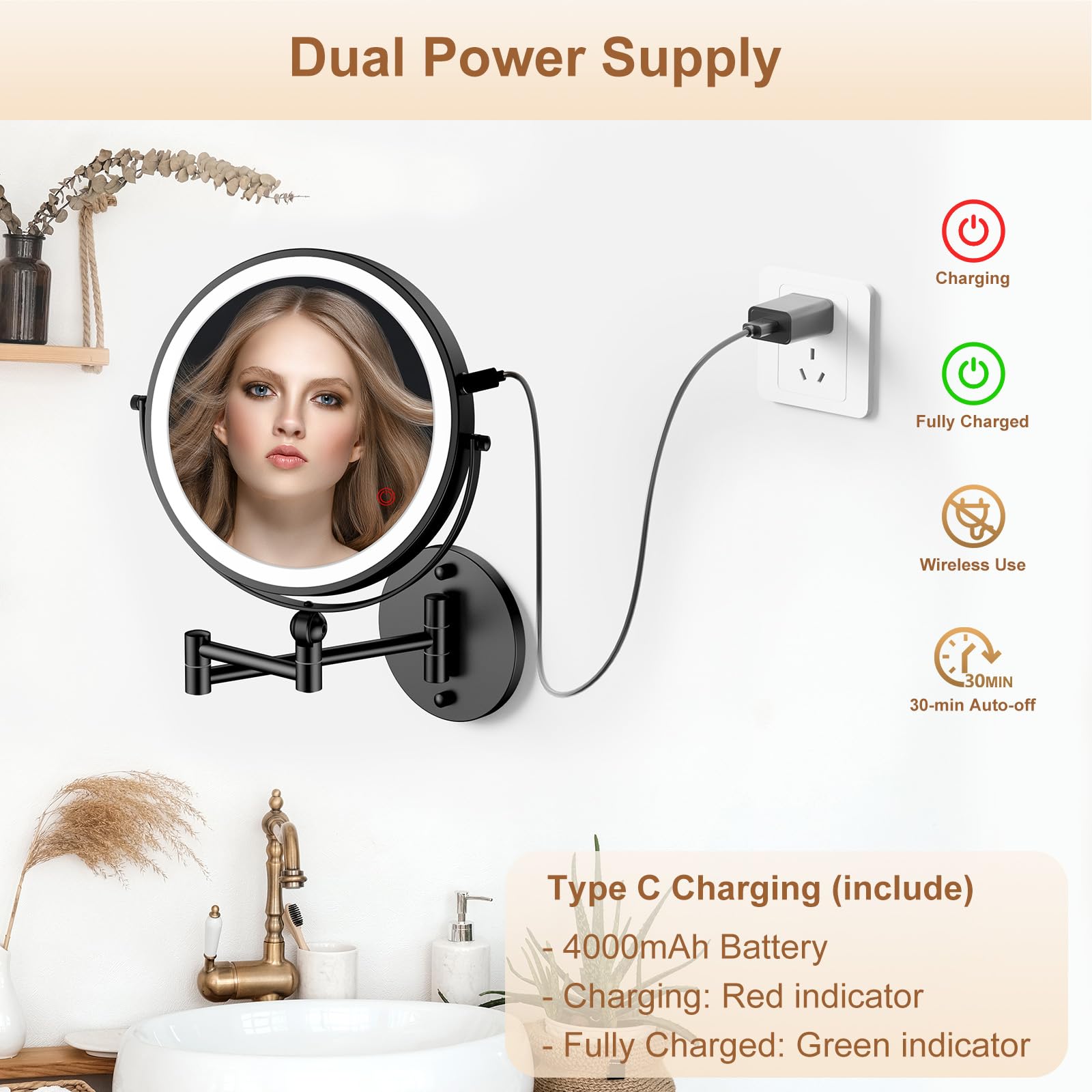 9'' Wall Mounted Lighted Makeup Mirror,4000Mah Rechargeable Double Sided 1X/10X Magnifying Mirror With Light,Touch Dimmable,Exte