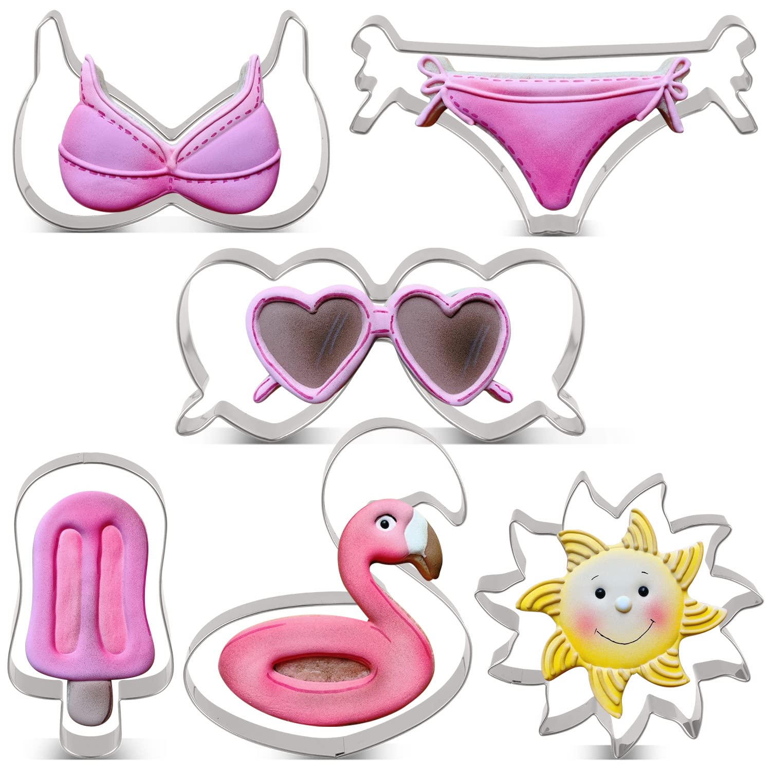 LILIAO Summer Beach Cookie Cutter Set - 6 Piece - Sun, Flamingo Float, Popsicle, Heart Sunglasses and Bikini Biscuit Cutters - S